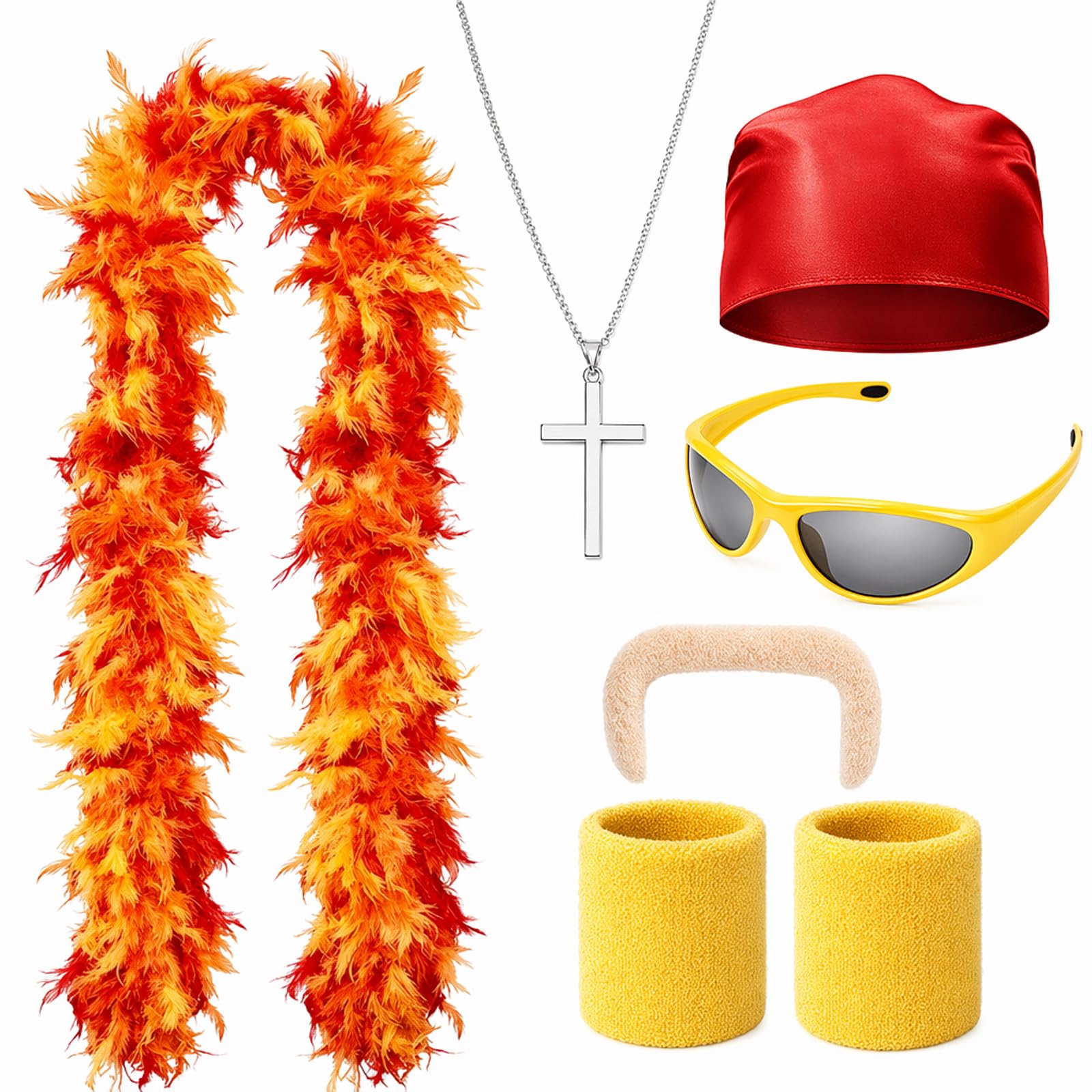 QhgPnt 7-Piece hulk Costume, Wrestling Costume for Kids, Red and Yellow Fur Set with Scarf, Necklace, Hat, Glasses, Moustache and Wristbands, Ideal for Costume Parties and Themed Events
