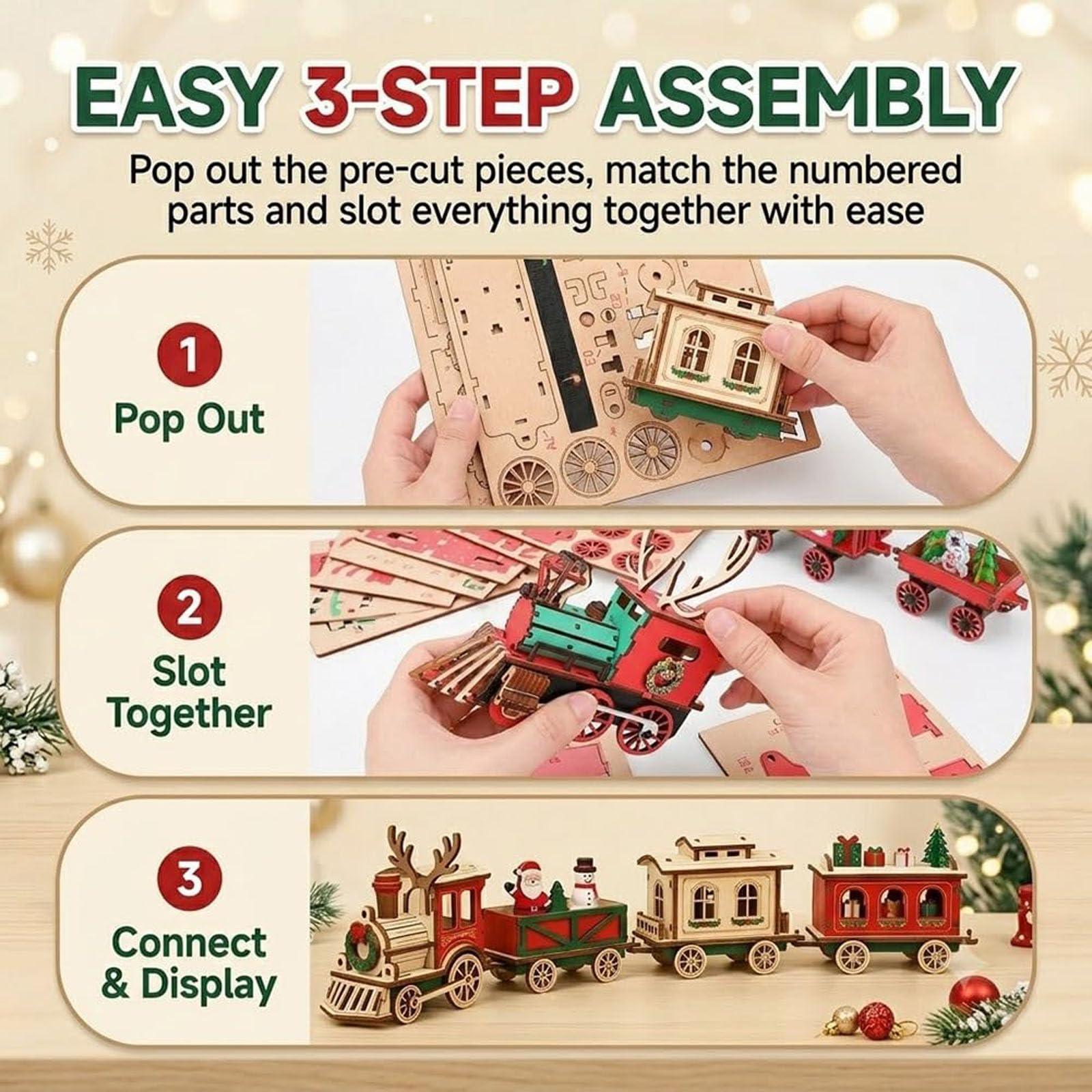 Juego de Rompecabezas de ensamblaje 3D de Tren de Madera navideño DIY (2pcs)