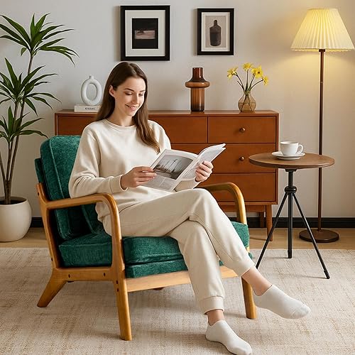 Miniatura 133 de Karl home Silla decorativa moderna de mediados de siglo con almohada, silla tapizada de tela bronceadora, con brazo de salón con marco de madera