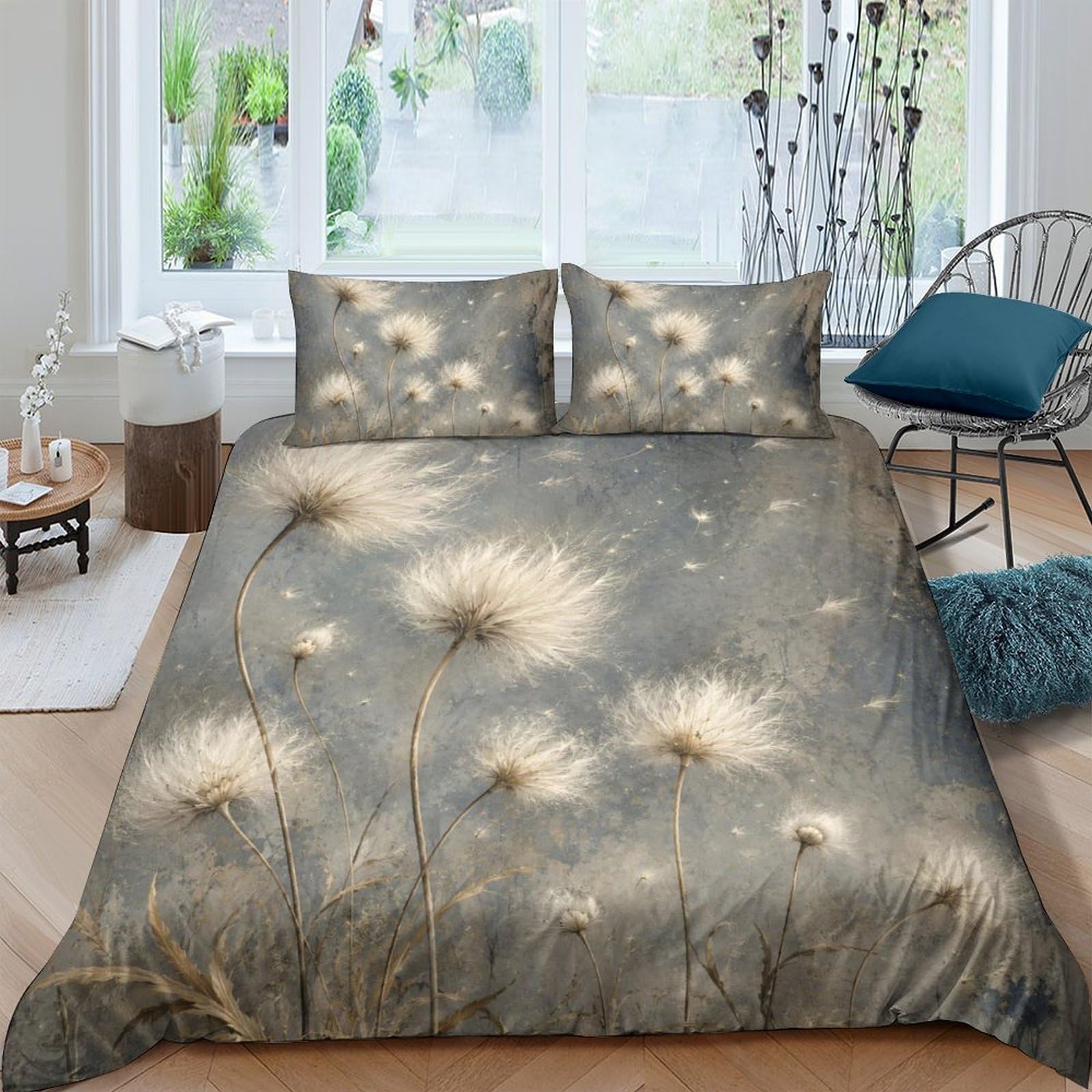 Semi tarassaco neutri Copripiumino Set 3 Pezzi 3D, Fiori da giardino | Botanico pastel Motivo, Pianta naturale Motivo, Biancheria da Letto, Letto, Set 3 Pezzi, Camera Ospiti, 200x200cm.