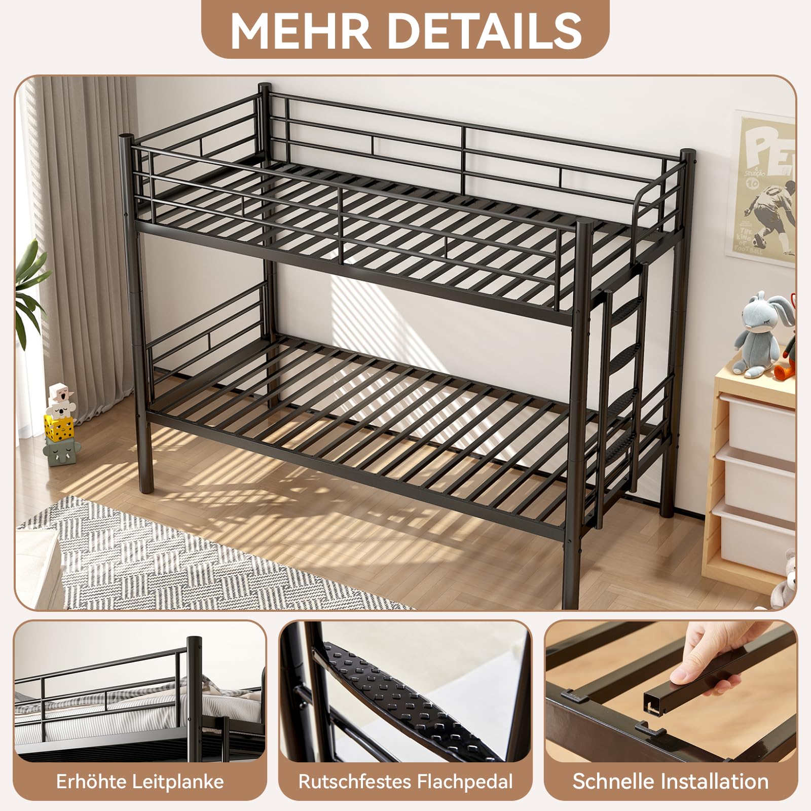 Litera de 90 x 200 cm, con escaleras y protección anticaídas, litera de metal con somier, convertible en 2 camas individuales, cama alta para niños, adolescentes y adultos (negro)