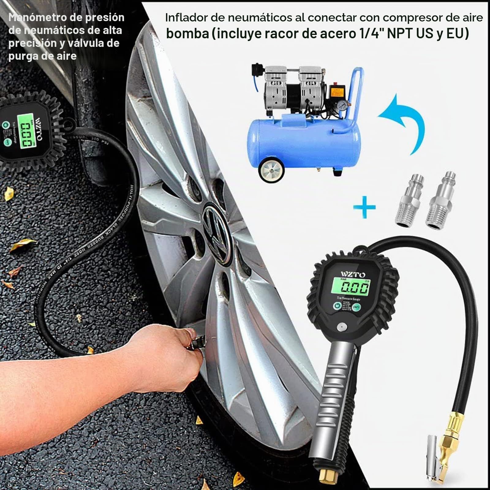 Manometro Presion Neumaticos Digital, 255 PSI Manómetro Digital Inflador Ruedas Coche con Manguera de Goma Manómetro para Coche Moto Bicicleta y Camión - Garantía de 2 Años