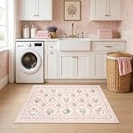 Washable 2x3 Entryway Rugs, Non Slip Front Door Mat Entrance Small Rug for Laundry Room Bedside Soft Ultra-Thin Floral Cat Carpet Stain Resistant Floor Kitchen Bathroom Mats-Light Pink