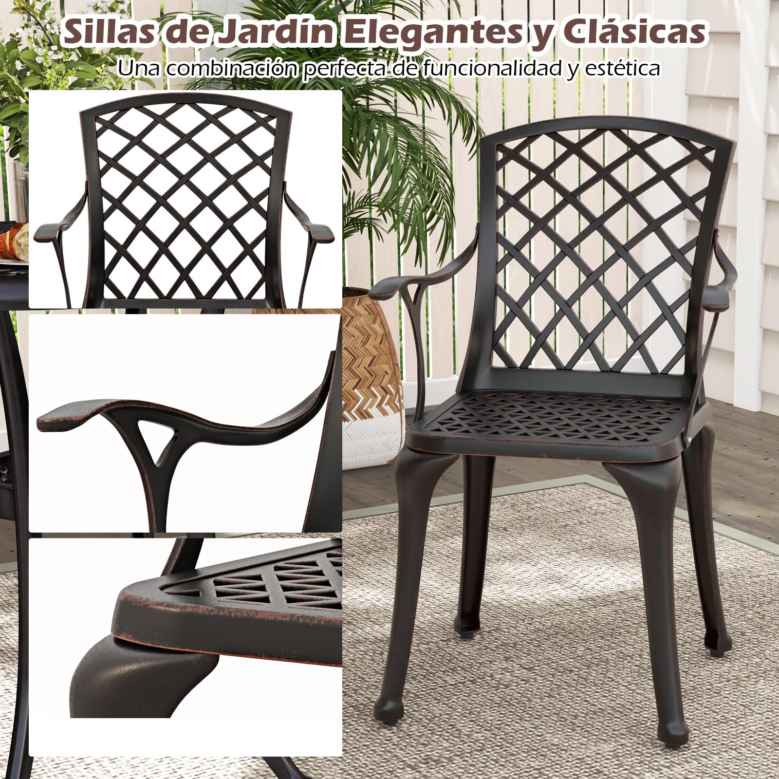 GOPLUS Juego de 2 Sillas de Jardín, Sillas de Comedor Aluminio Fundido Resistentes a la Intemperie, Respaldo y Reposabrazos, para Jardín, Patio, Balcón (Bronce)