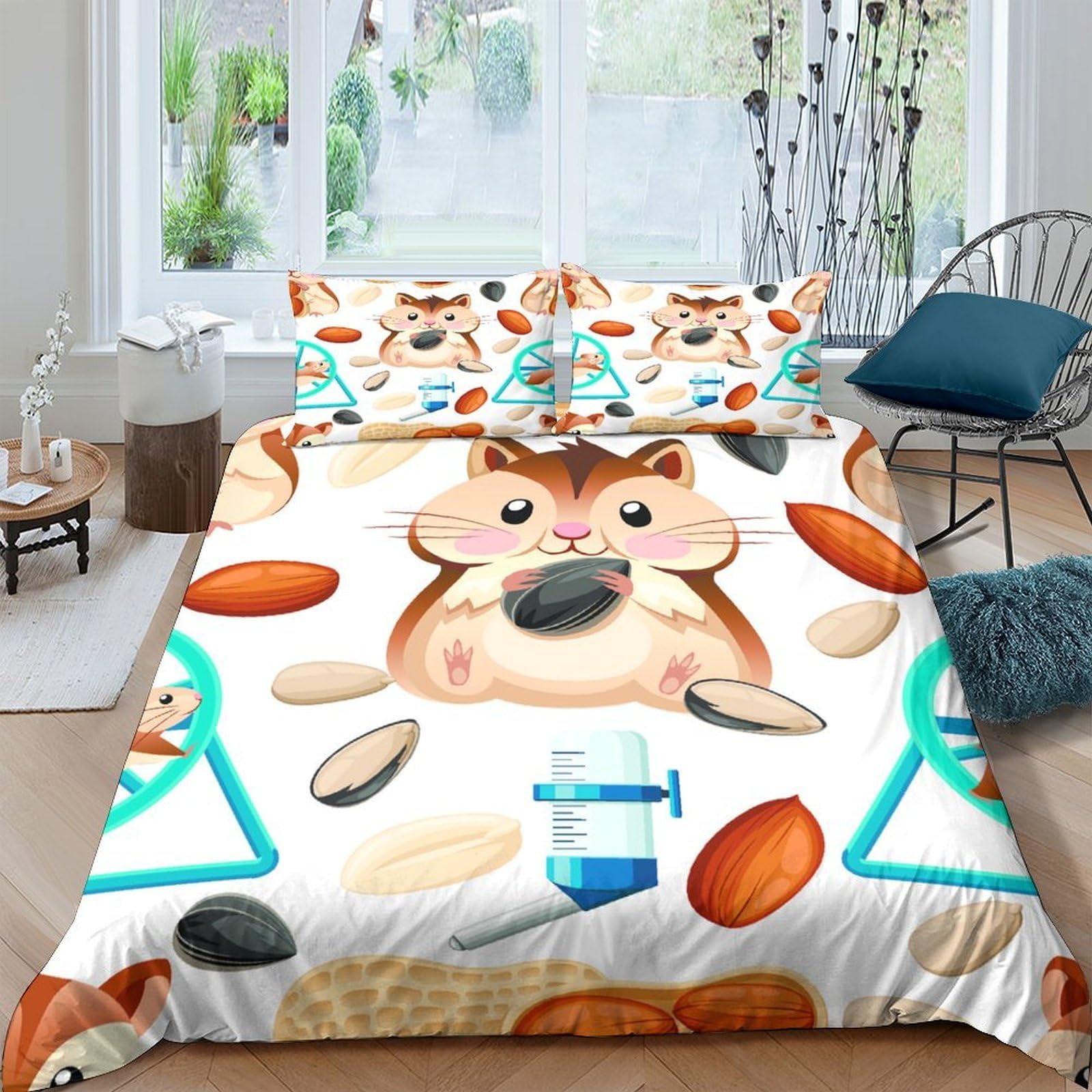 TUFRTGYHN 3D Printed Cartoon Hamster Duvet Cover Microfiber Soft Breathable Nut Pattern Bedding Set with 2 Pillowcases for Bedroom Decor, Single（135x200cm）