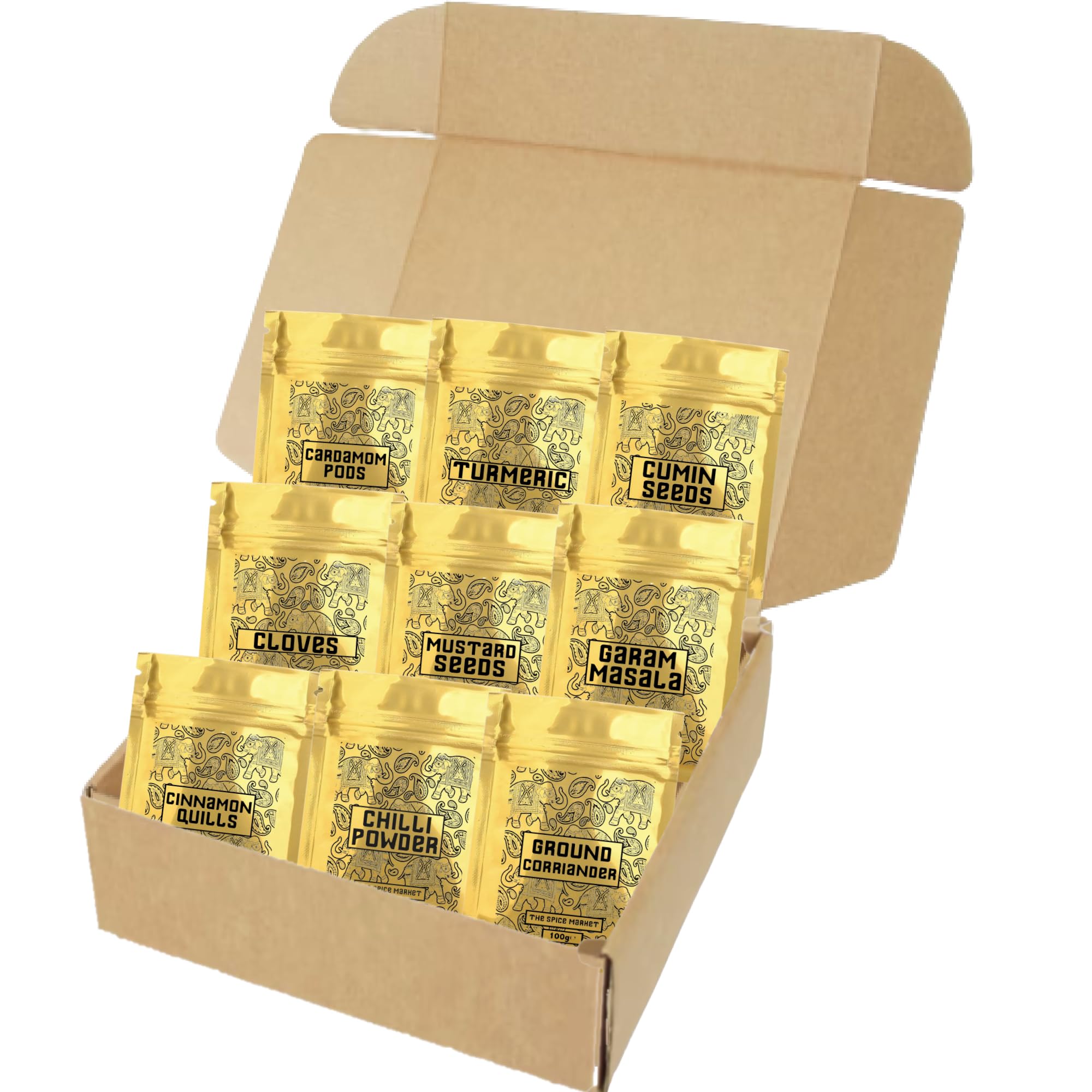 9 Authentic Golden Indian Spices Curry Luxury Set fathers fathers day day gift set - 9 Spices for Cooking Gifts Resealable Bags Tandoori Turmeric Garam Masala Chilli Powder Indian Curries