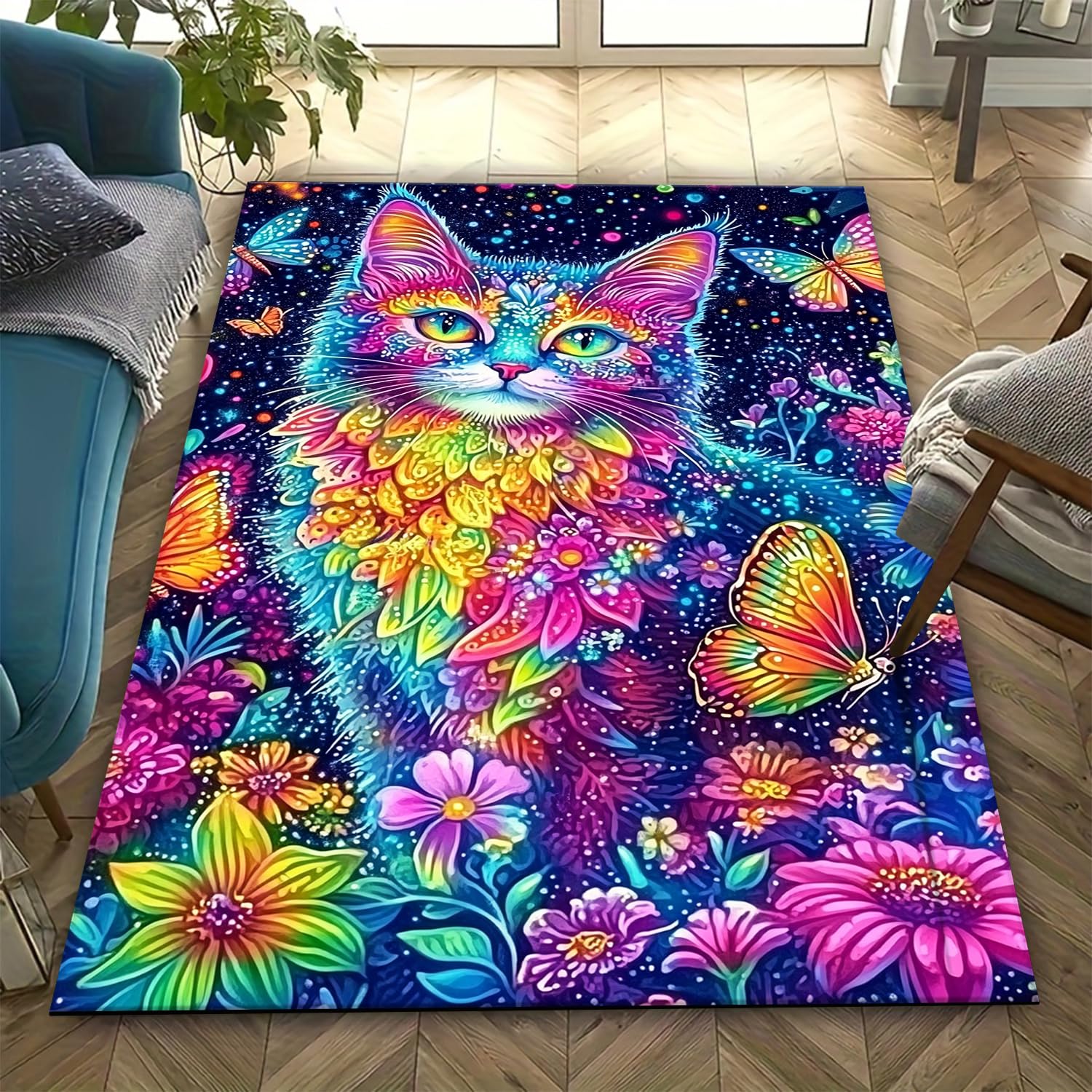 Tapis de chambre carré chat 160x230 cm intérieur doux lavable