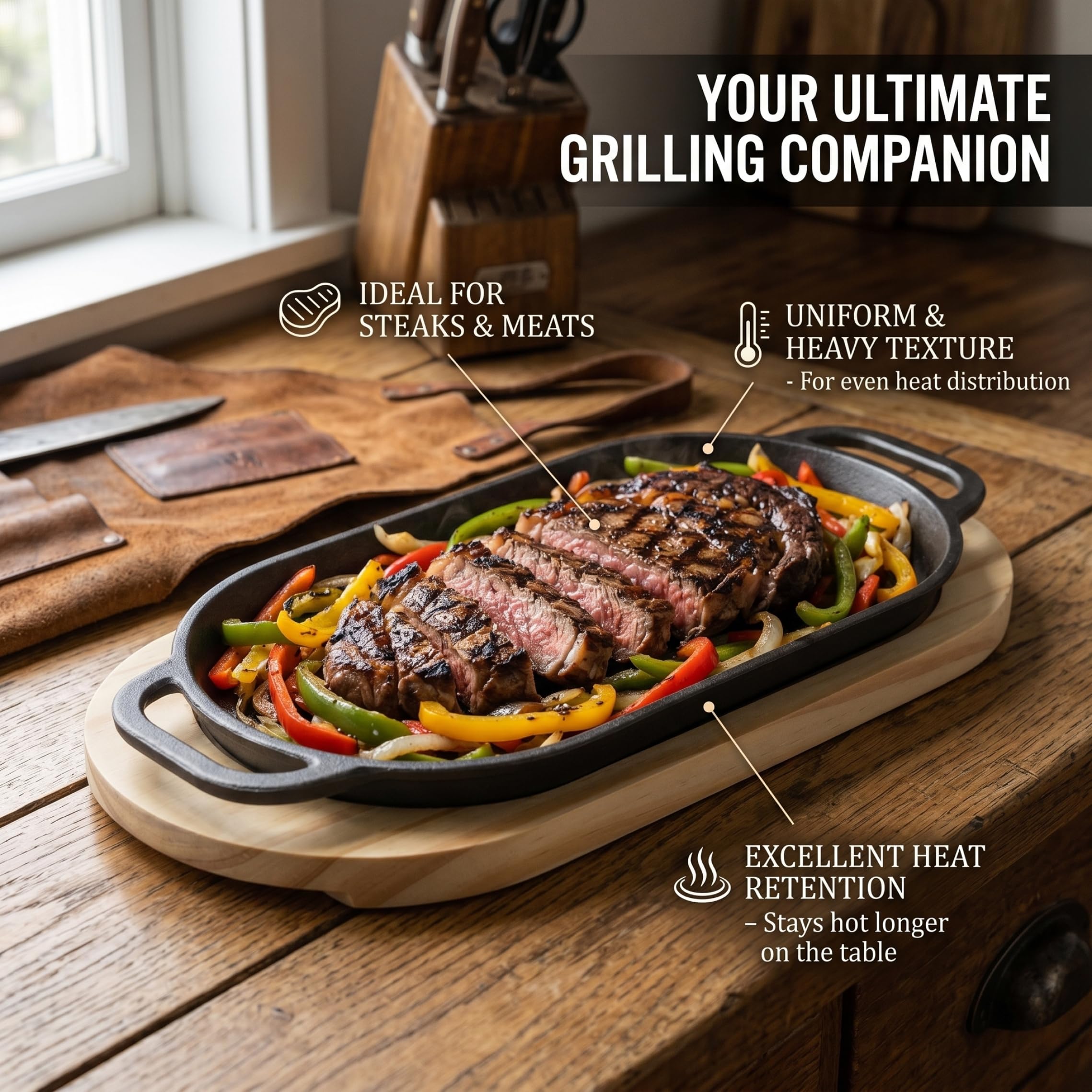 Plaque grésillante avec base en bois, plaque chauffante en fonte pour cuisinière à gaz, idéale pour les barbecues à la maison et l'ext..