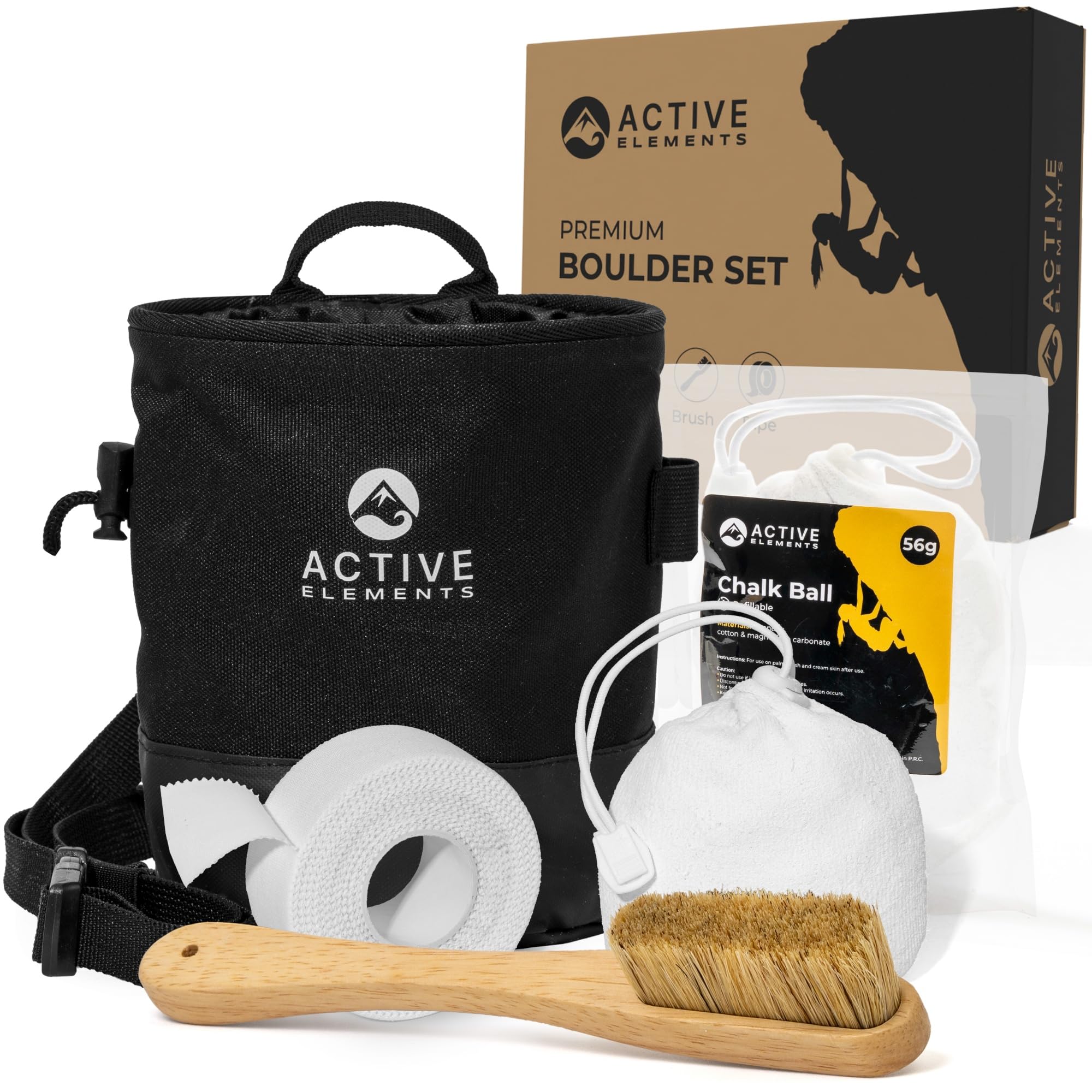 Accessoires Boulder : ensemble composé d'un sac à magnésie, d'une boule de magnésie, d'une brosse de boulder et d'un ruban d'escalade