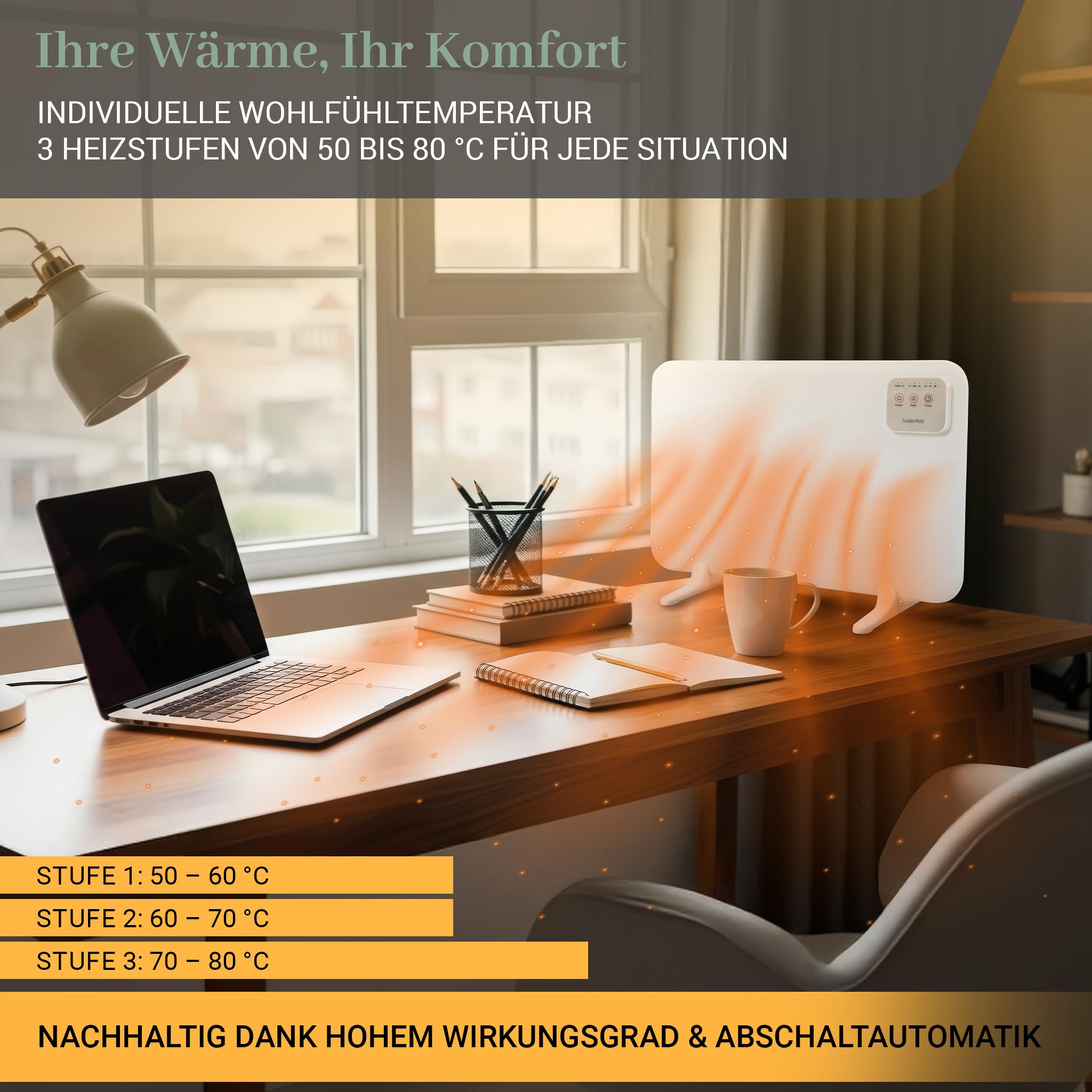 Heidenfeld Infrarotheizung HF-TH120 | 120 Watt Tischheizung | Heizkörper - Infrarot Heizstrahler - Elektroheizung - Heizung elektrisch - Heizplatte - Infrarotstrahler - Wärmeplatte - 3in1 Montage