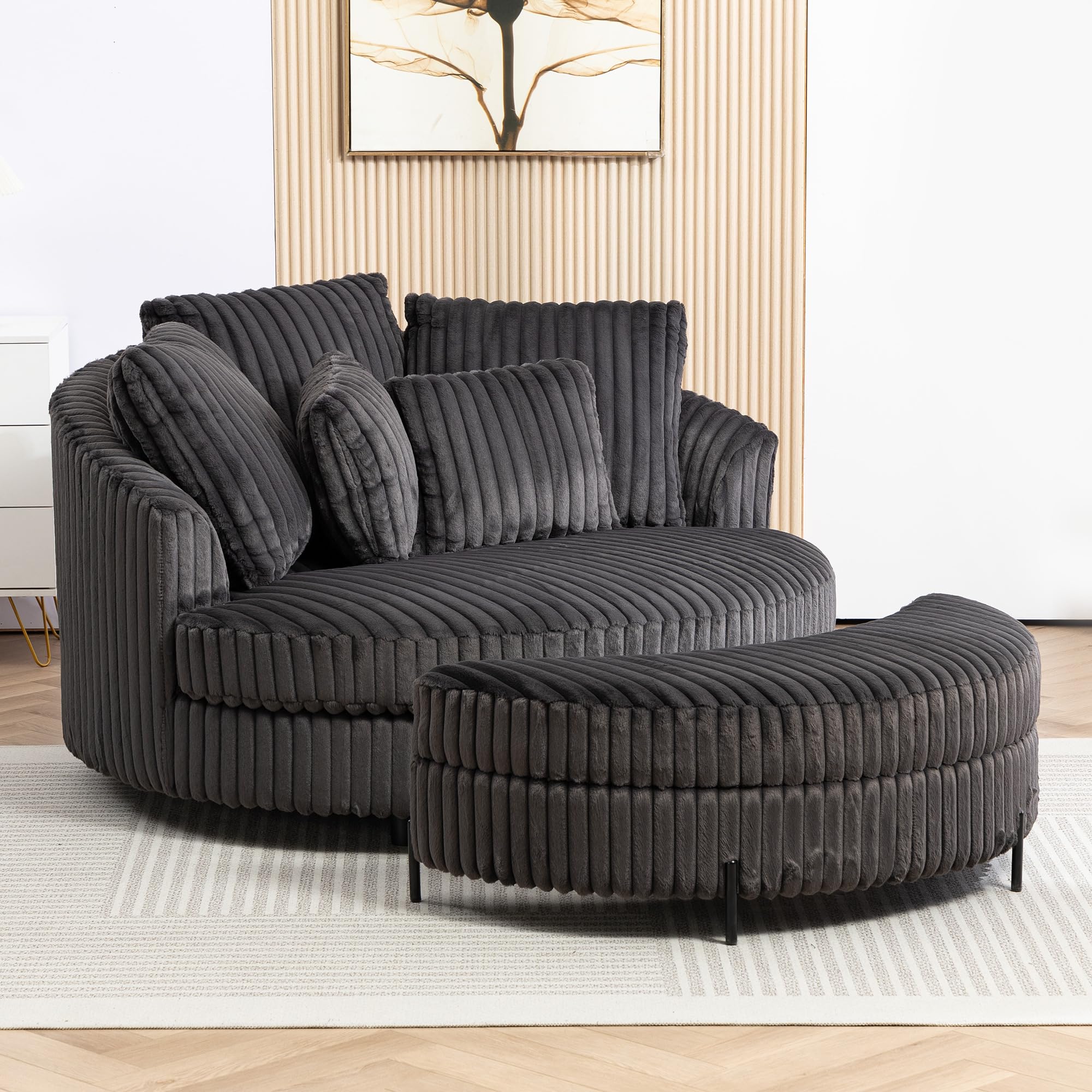 Chifee & Vingol 59.8" W Oversized Accent Round Chair Large Barrel Chair with Ottoman & Movable Wheels & 5 Pillows, Faux Fur Fabric - Charcoal