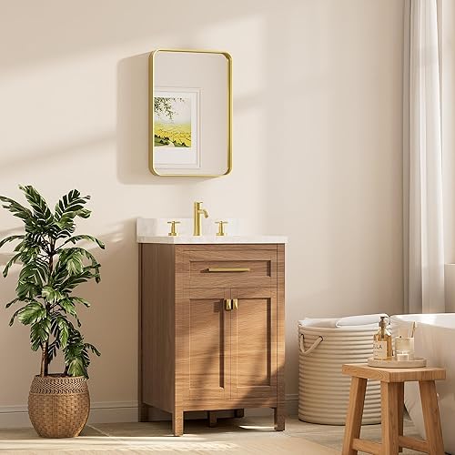 Miniatura 400 de TETOTE Espejo con marco dorado cepillado de 48 x 24 pulgadas, espejo de tocador de baño de latón para pared, moderno espejo rectangular de esquina