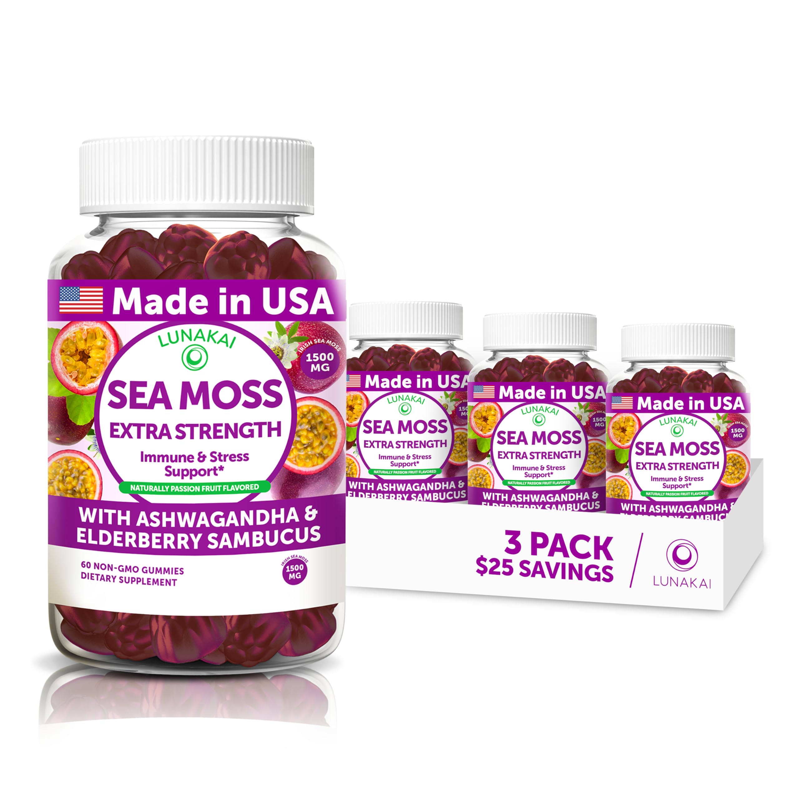 Lunakai USA Made Irish Sea Moss Gummies with Ashwagandha & Elderberry – Delicious Immune & Stress Support Supplement for Men & Women - 3 Pack