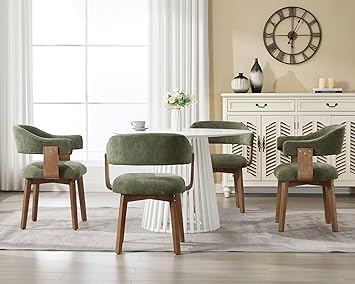 Green Upholstered Dining Chairs Set of 4, Mid Century Modern Dining Room Chairs with Wooden Legs and Armrest, Chenille Fabric Barrel Kitchen Chairs for Kitchen/Living Room