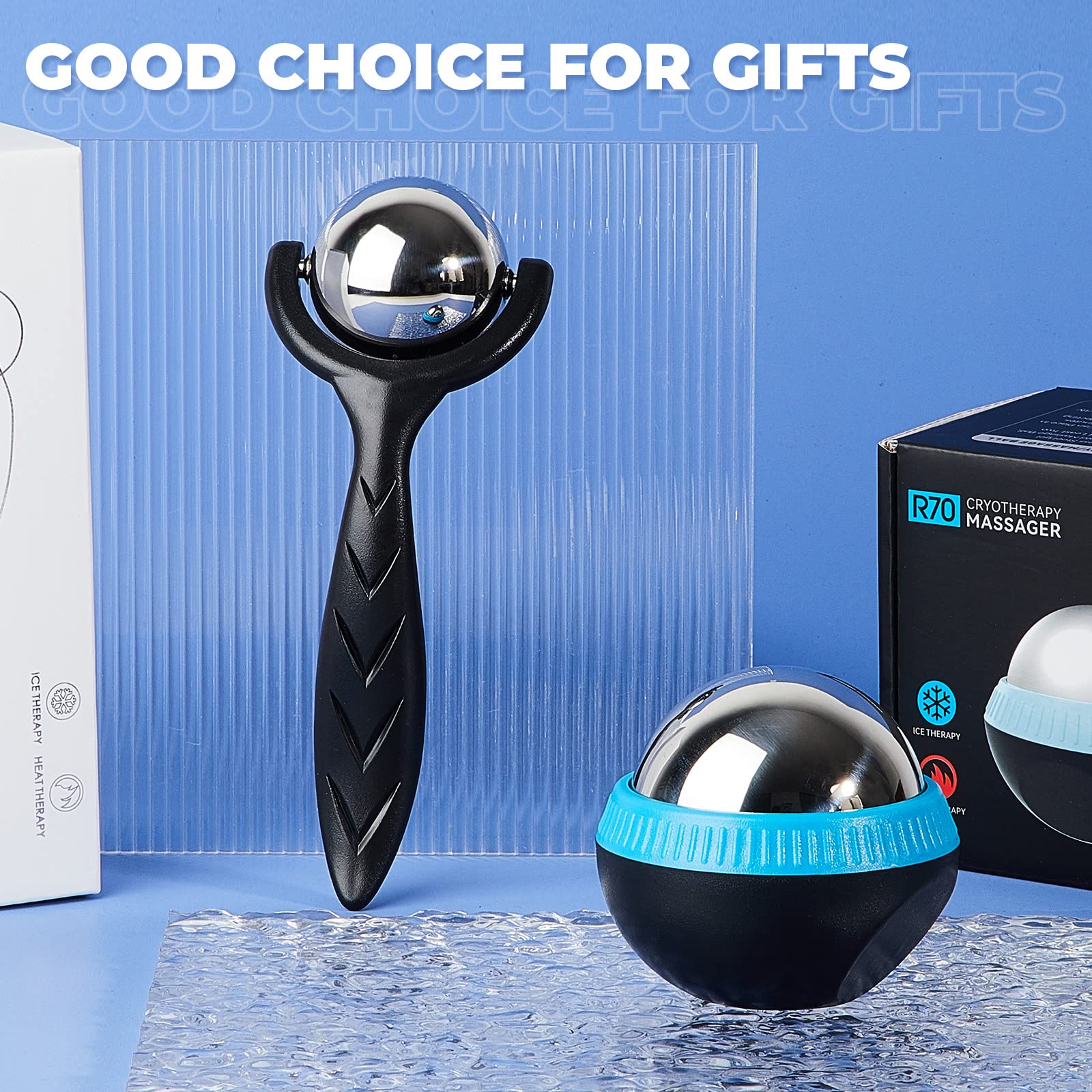 Tatuo Bola de masaje y rodillo de masaje frío con asa, herramientas de masaje, rodillo muscular, masajeador de hielo para aliviar el frío y el calor, dolor muscular, cuerpo, cuello, espalda, pies