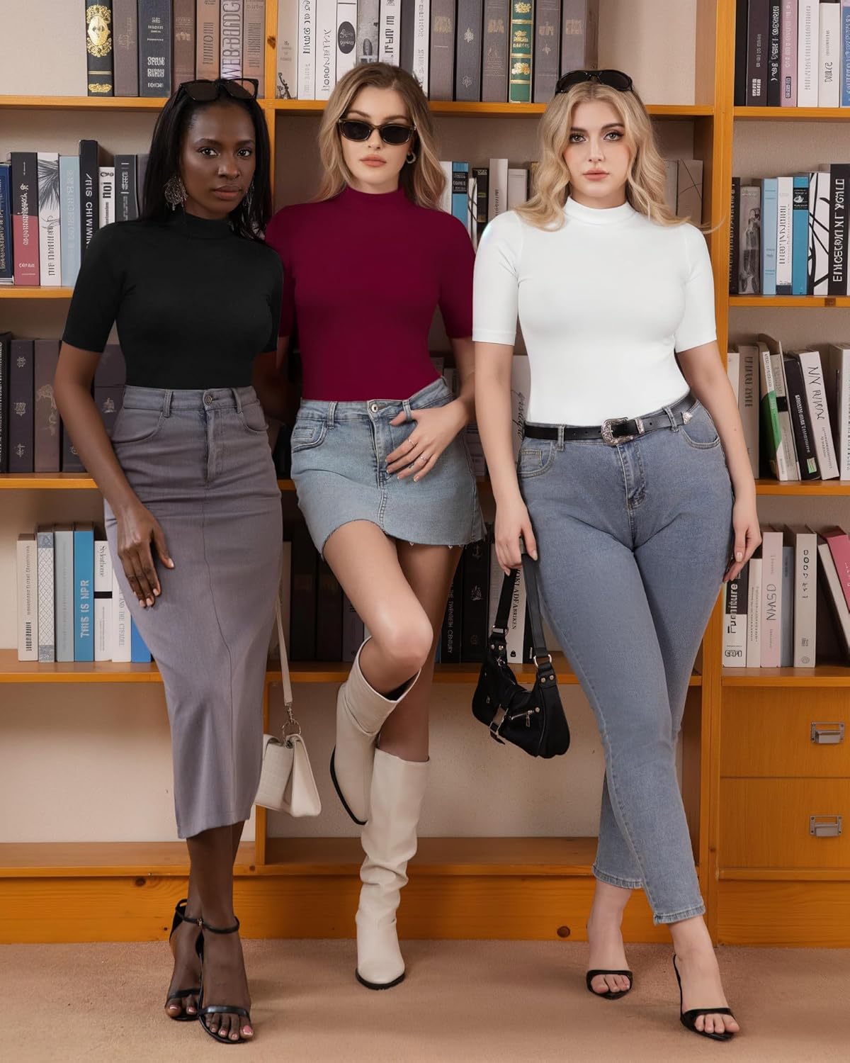 MANGOPOP Women's Mock Turtle Neck Slim Fit 3/4 Sleeve T-Shirt - Image 3