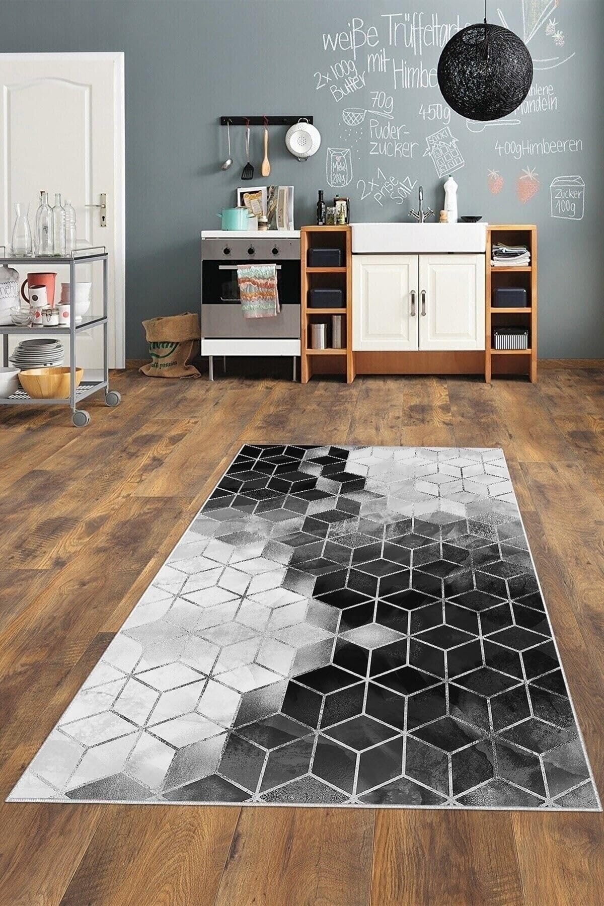 Pelangi Gri Çizgi Renk Geçiş Petek Desen Yıkanabilir Kaymaz Taban Leke Tutmaz Modern Salon Halısı Ve Yolluk, Açık Gri-Siyah 100 x 300, 72571238100300105