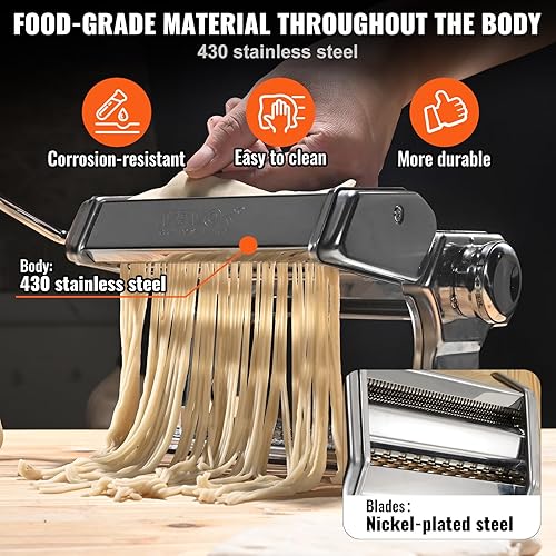 Miniatura 4 de VEVOR Máquina para hacer pasta, 9 ajustes de grosor ajustable, 150 rodillos de pasta de acero inoxidable, máquina de pasta con 3 accesorios,