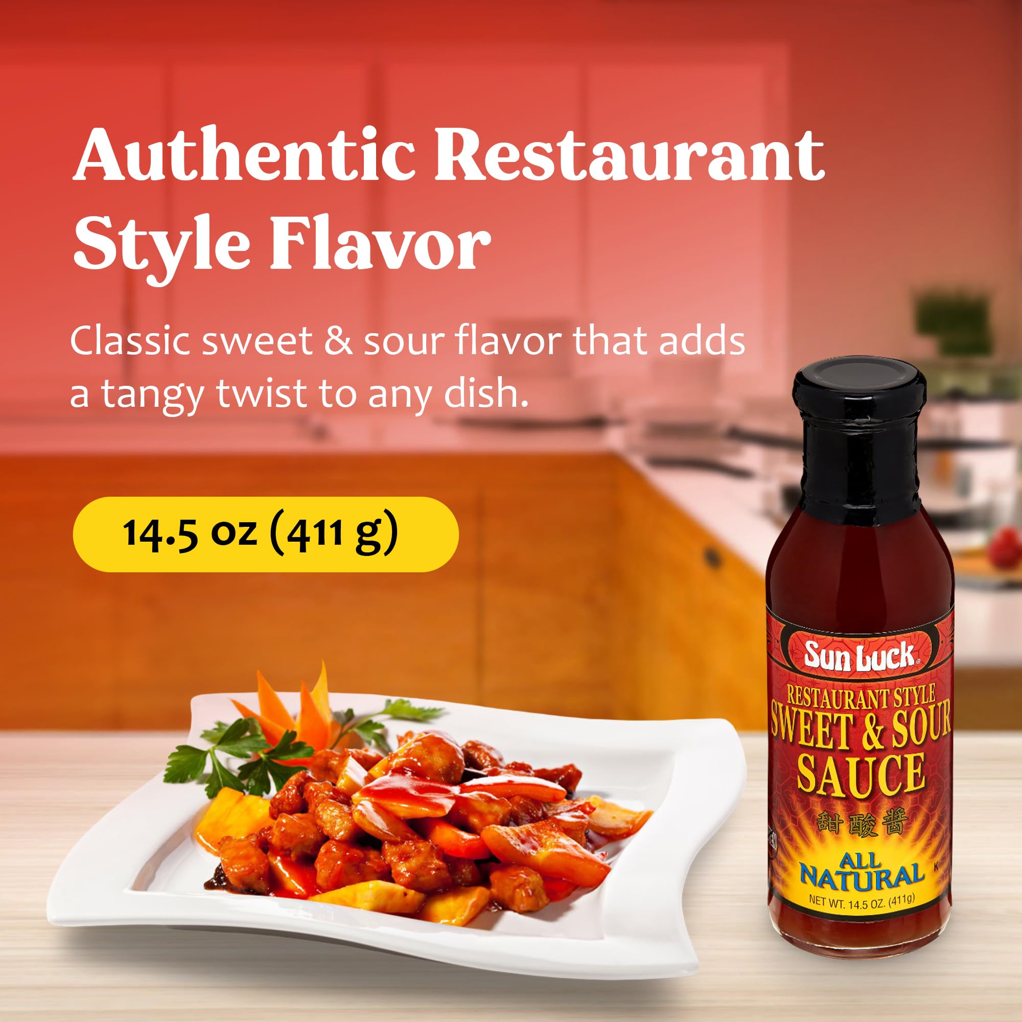Sun Luck Restaurant Sweet & Sour Sauce 14.5 oz Bottle – Classic Sweet-Tangy Dipping Sauce for Egg Rolls & Appetizers; Great Marinade & Glaze for Chicken & Pork.