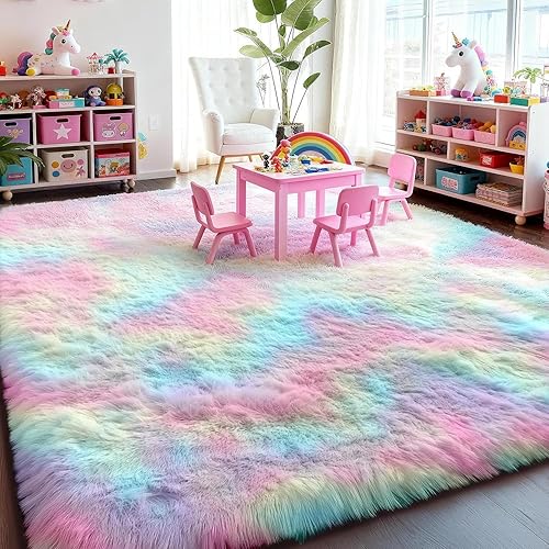 PAGISOFE Rainbow Rugs 6x9, Large Fluffy Soft Carpet,Plush Shaggy Rugs for Bedroom Girls,Kids Rooms,Fuzzy Nursery Rug for Baby's Toddler's Room, Clorful Rooms Decor for Teenage Pastel Kawaii Princess