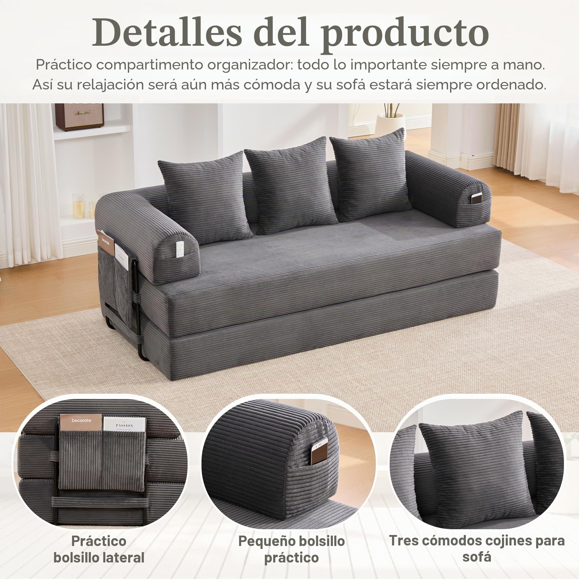 Sofá Modular sin Boneless, Sofá Cama Plegable con Marco de Metal Resistente, Bolsillos Laterales + 3 Almohadas, 200 × 94 × 67 cm, Gris Oscuro