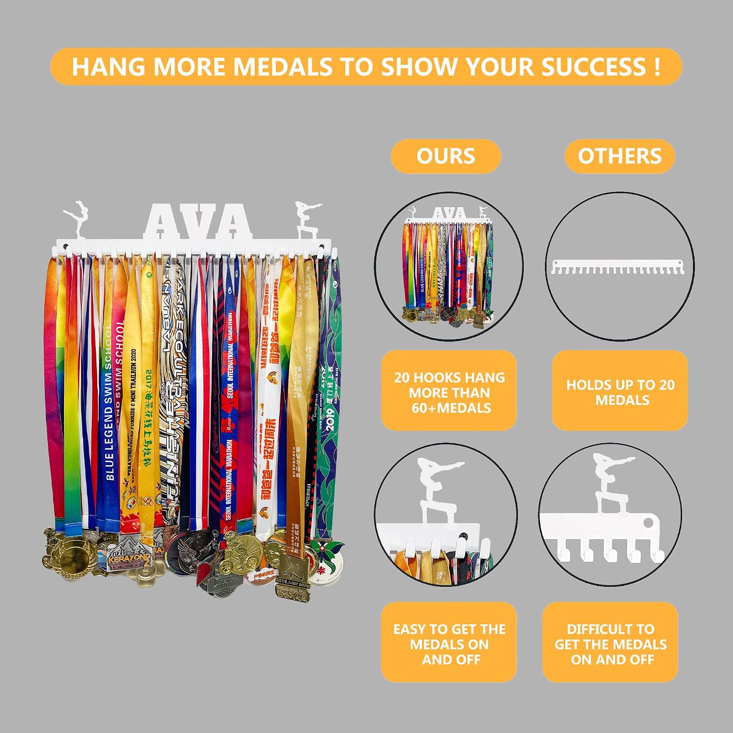 Goutoports Personalized Medal Holder with Name Display Rack for Awards Ribbons - Metal Custom Sports Race Plaques Hanger for Wall Mount Hold Up 60 Medal Hanger Display for Athlete Boy Girl Kid