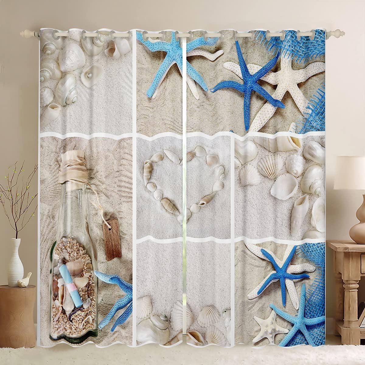 Cortinas de ventana junto al mar y tratamientos de temática playa para niños y niñas