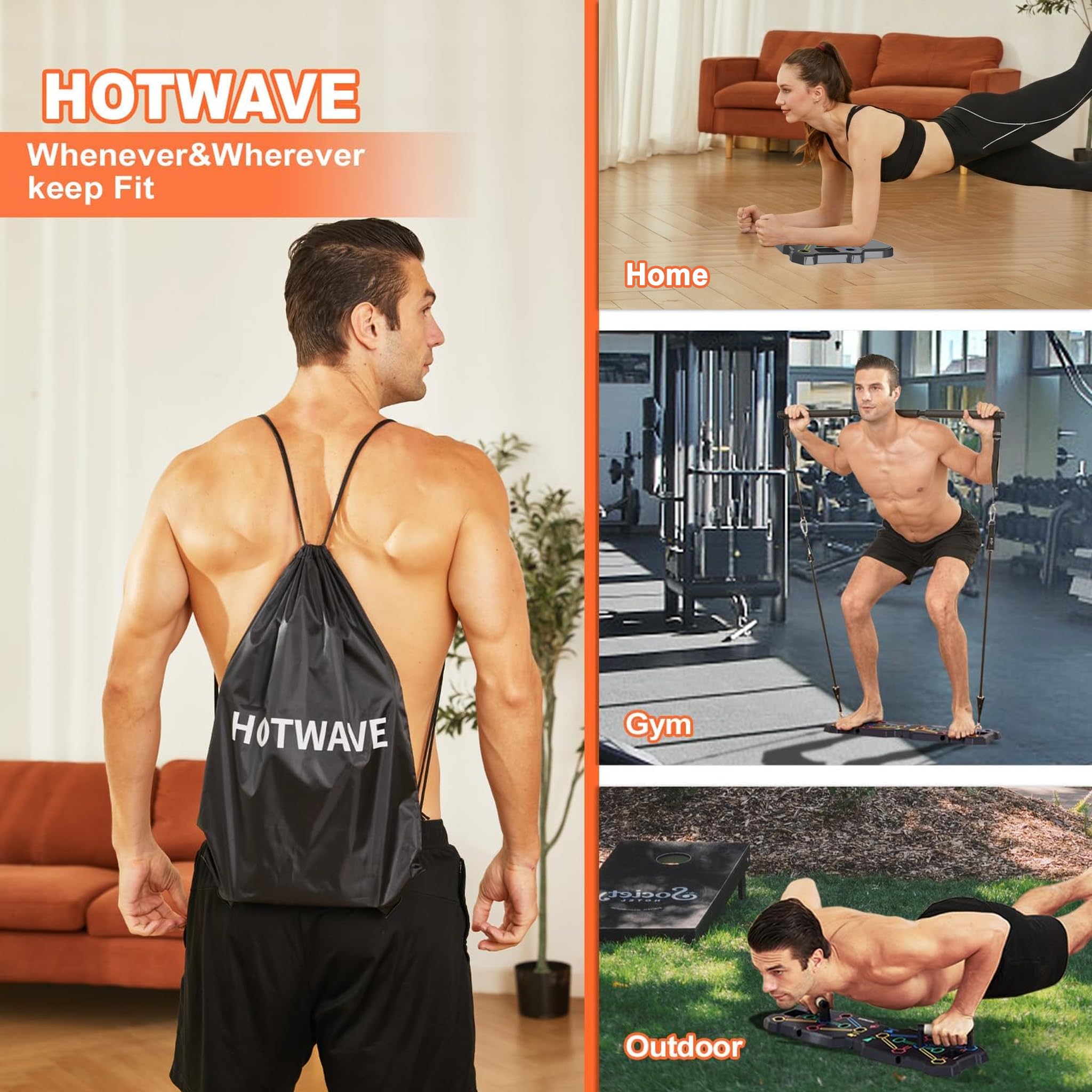 HOTWAVE Przenośny sprzęt treningowy z 20 akcesoriami gimnastycznymi. Deska push-up i deska, taśmy oporowe z kółkiem Ab, ćwiczenia całego ciała w domu dla mężczyzn i kobiet