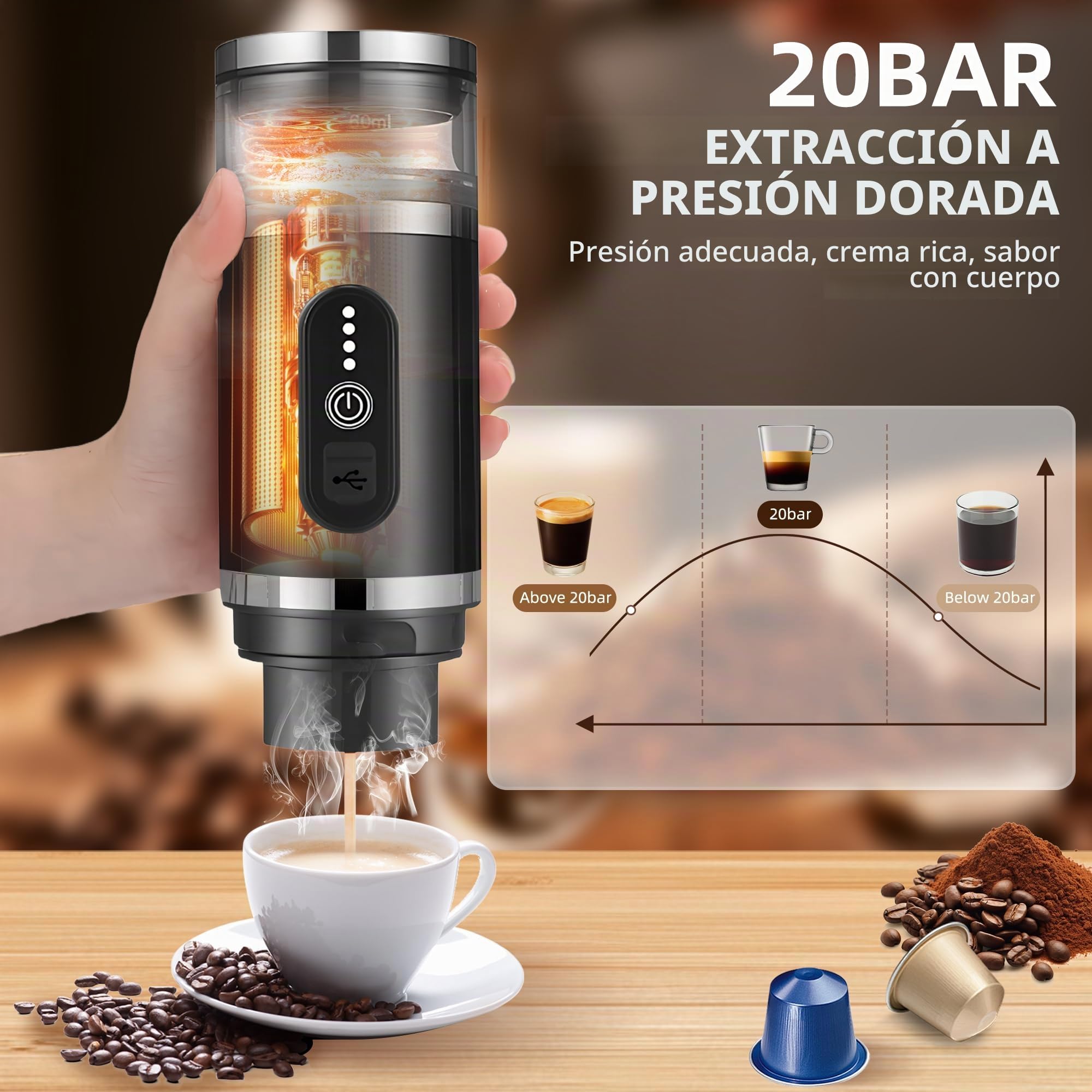 Máquina de café portátil 3 en 1 con espumador de leche, máquina de café expreso con cápsulas 20 bar y café molido para oficina, coche, camping, senderismo, viajes, Navidad, cumpleaños, negro