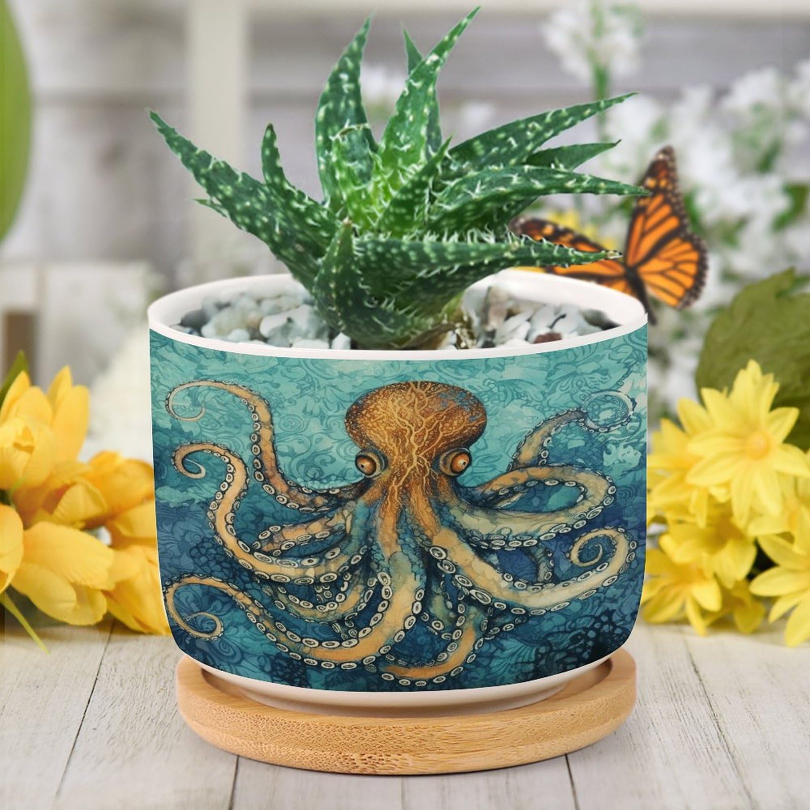DreamAutumn Ocean Octopus Ceramic Pots for Plants with Drainage Holes Round Flower Pot Bamboo Tray Orchid Pot Succulents Pots for Outdoor Indoor