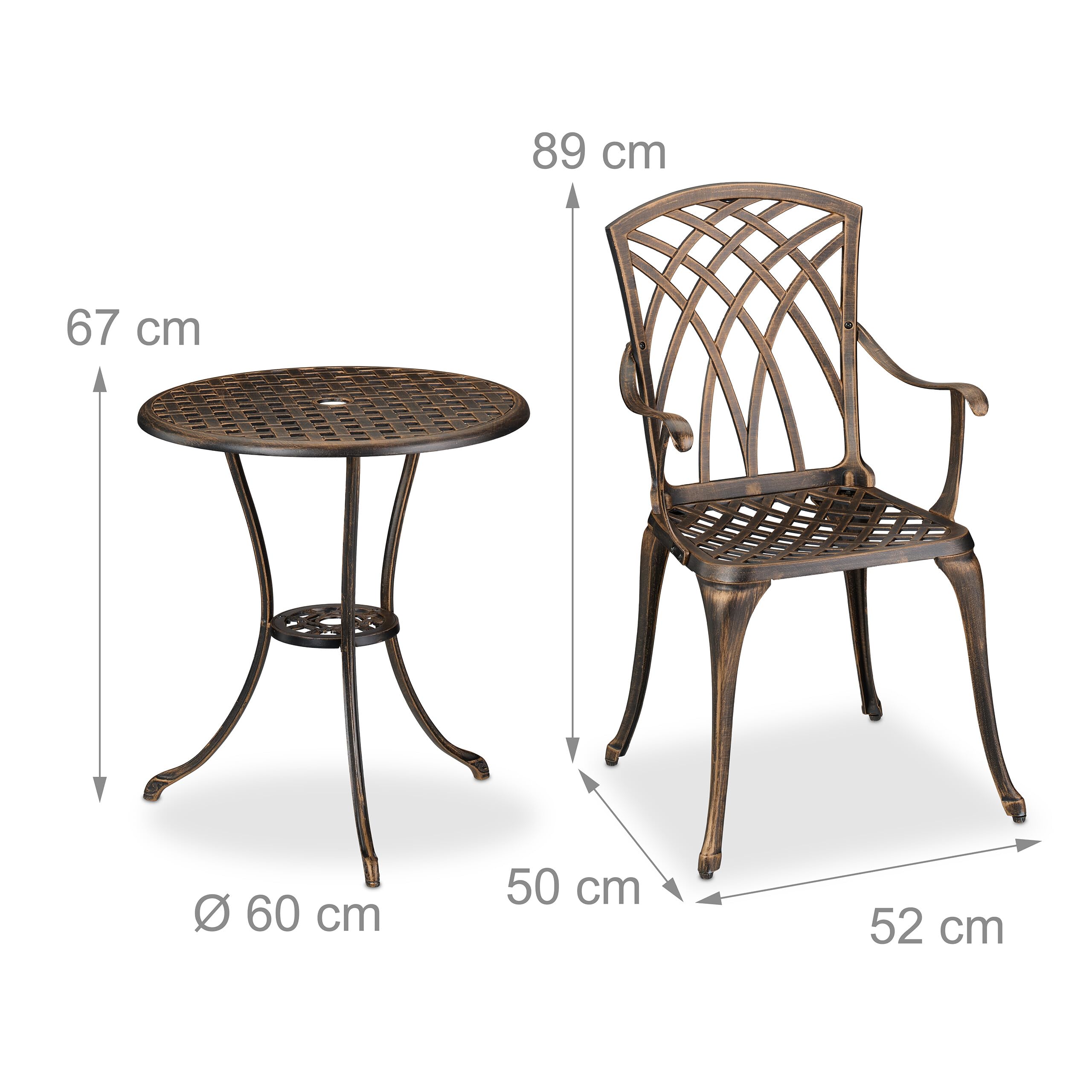 Relaxdays Gartenmöbel Set 3-teilig, Tisch, 2 Stühle, Aluguss, Balkonmöbel Antikdesign, Garten Sitzgruppe, schwarz/Bronze