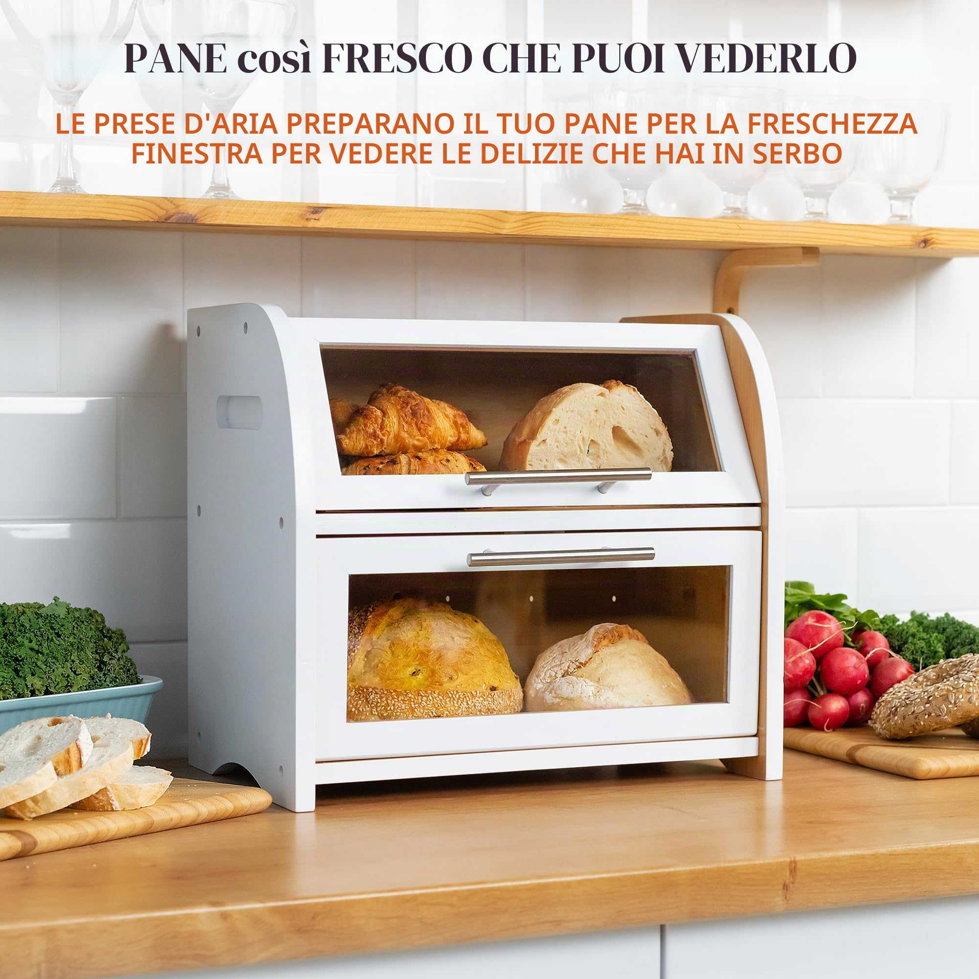 Apace Living Elegante Portapane in per Cucina, Cesta in Legno per Pane Extra-large 2 Ripiani con Vetrine Trasparenti e Prese d’Aria per Mantenere Freschi Pane e Dolci 40 x 26 x 37