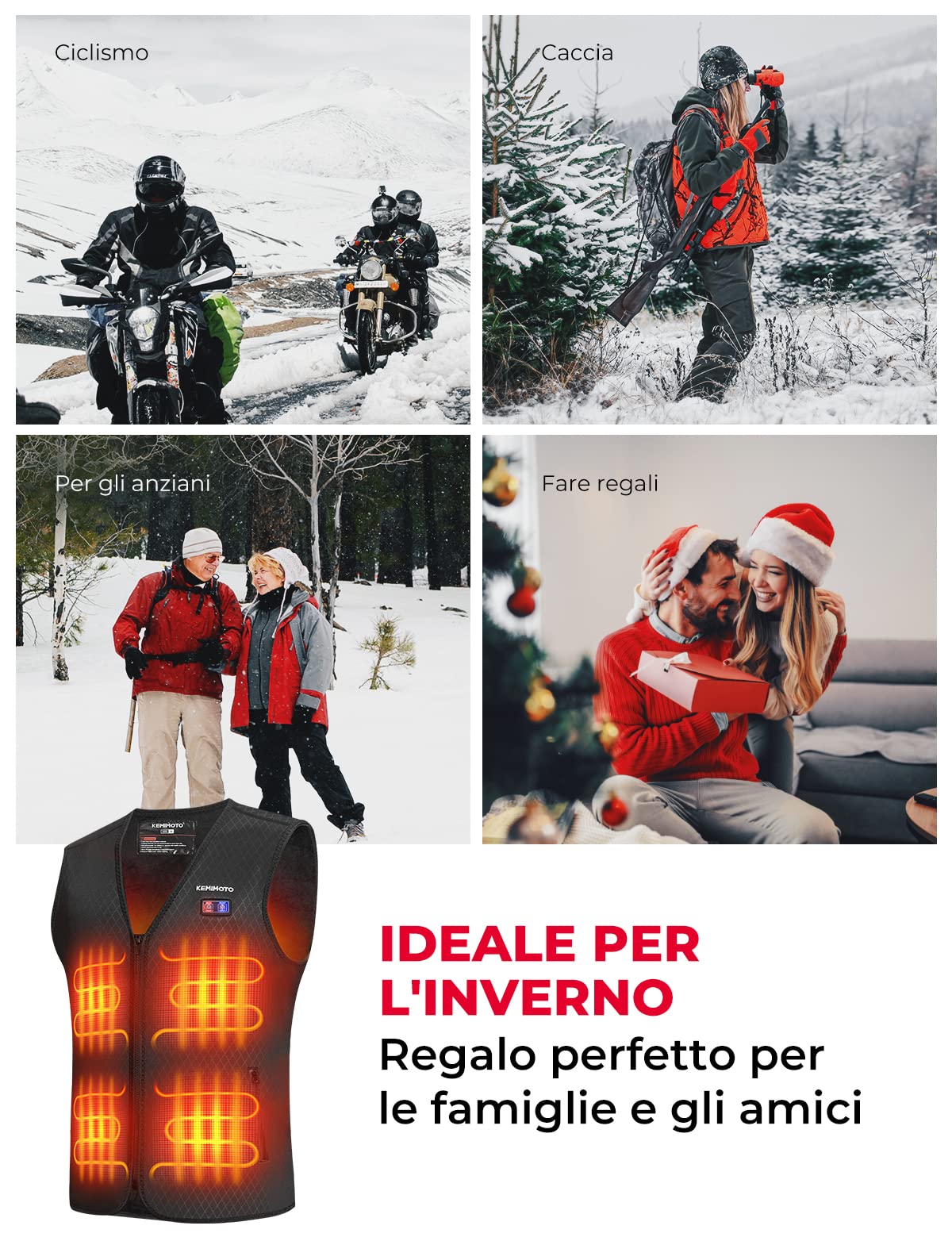 KEMIMOTO Gilet Riscaldato per Uomo Donna, Elettrico Gilet Riscaldato con USB, Giubbotti Riscaldati a Batteria Doppi Controlle per all’aperto Lavoro Sci Escursionismo Caccia Moto