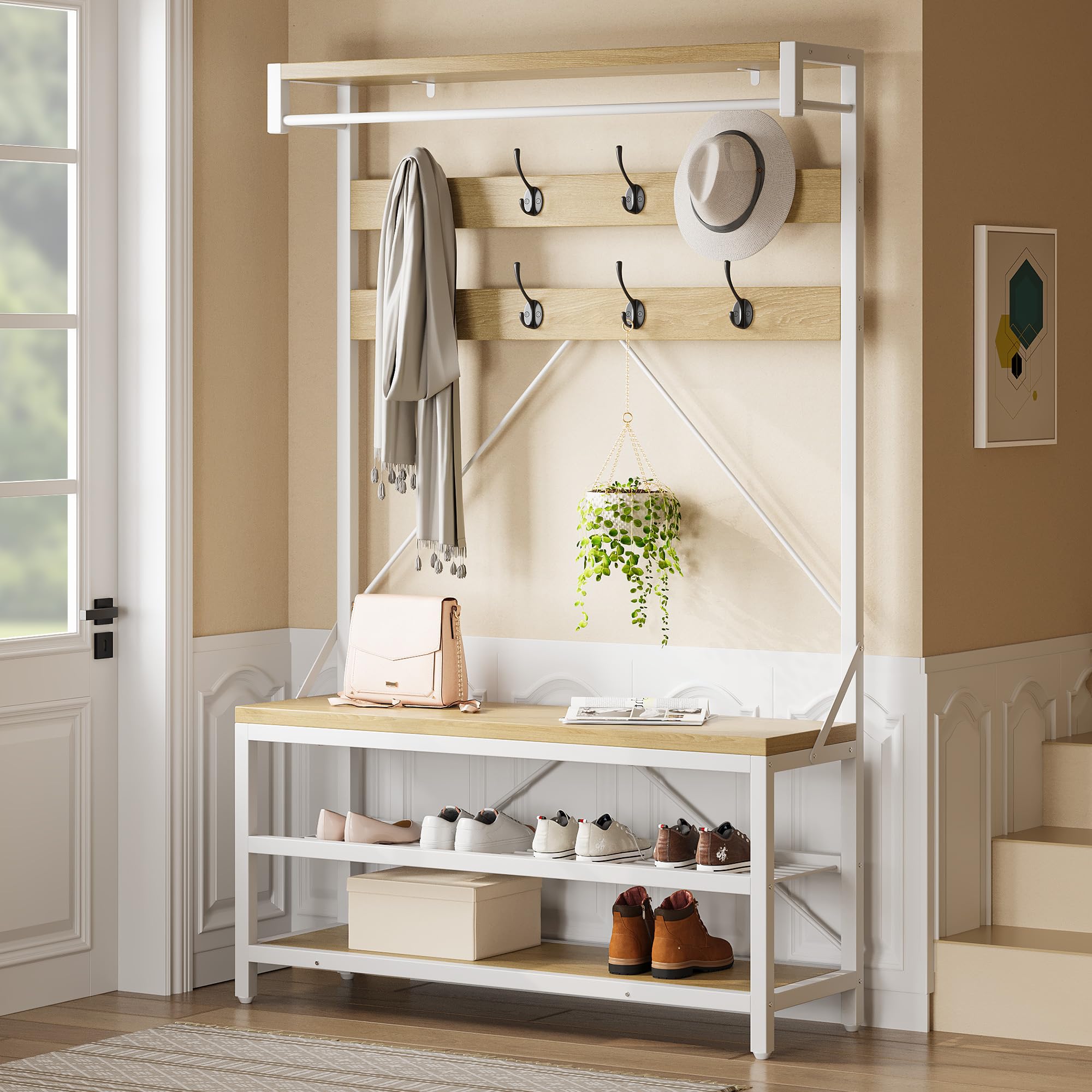 72" Coat Rack Shoe Bench, Industrial Hall Tree Storage Bench for Entryway, Wood Look Accent Large Shoe Rack with Storage Shelf Hanging Bar and 8 Hooks