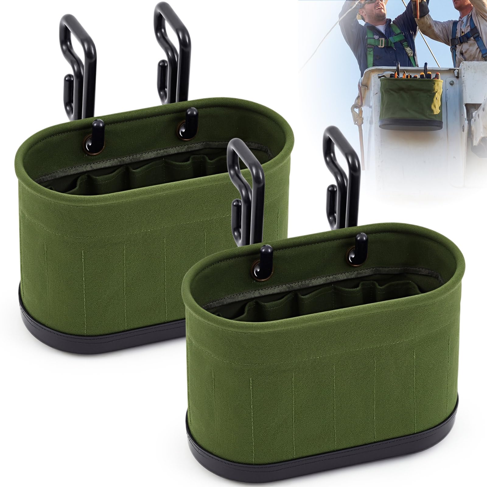 2 Set Military Green Canvas Lineman Tool Bucket Bag with Hook, 15 Pockets