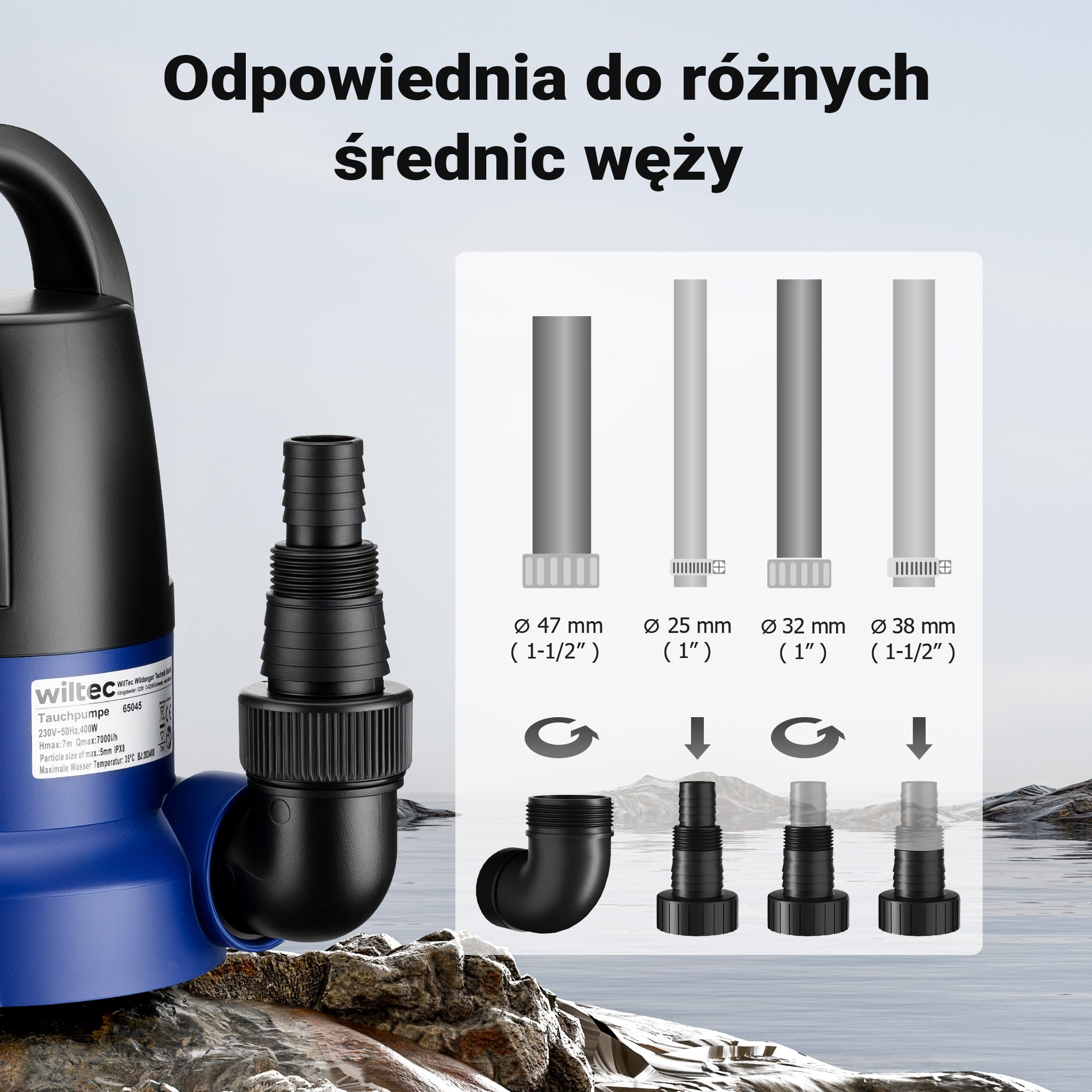 Wiltec Pompa zanurzeniowa 400 W do maks. 7000 l/h, pompa do szamba z czujnikiem i płaskim ssaniem, pompa do wody brudnej i czystej