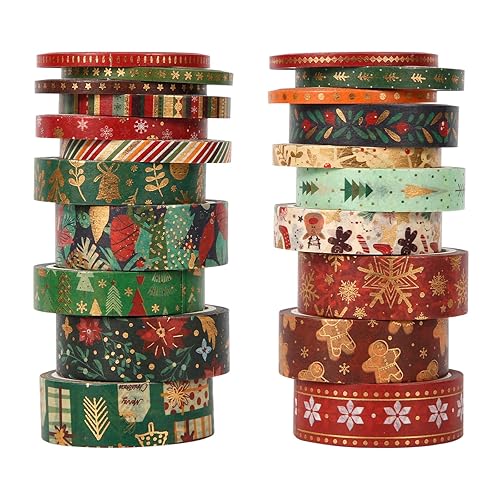 NQEUEPN 21 rollos de cinta adhesiva Washi de Navidad, copos de nieve, ciervos, árbol de Navidad, pan de jengibre, patrón de rayas, autoadhesivas,