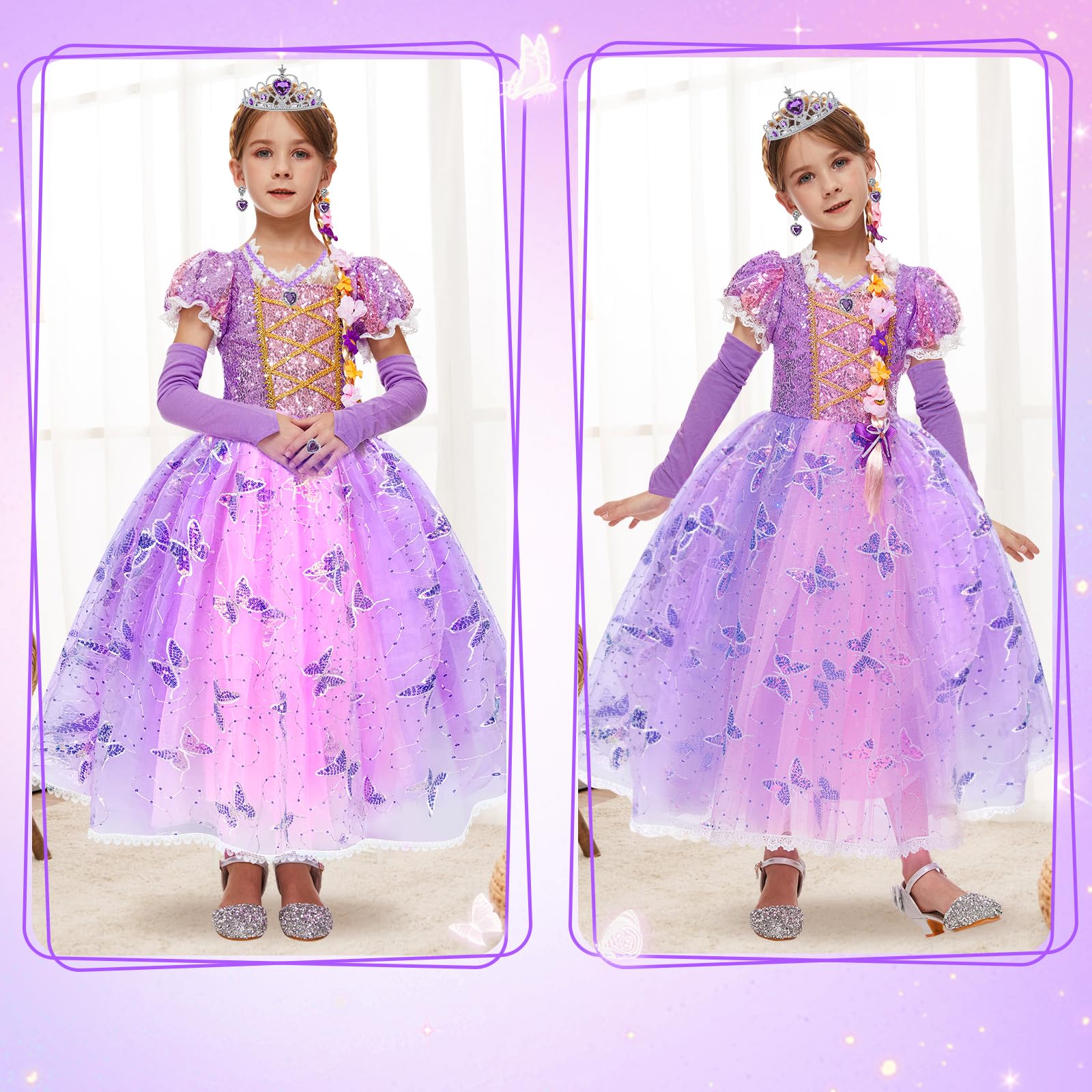 Herenear Disfraz Rapunzel Niña, Vestido Princesa para Niños de 3-12 Años, Niña Disfraz de Princesa con Accesorios Vestido de Princesa Tul Cumpleaños Fiesta Cosplay Navidad Carnaval Vestidos