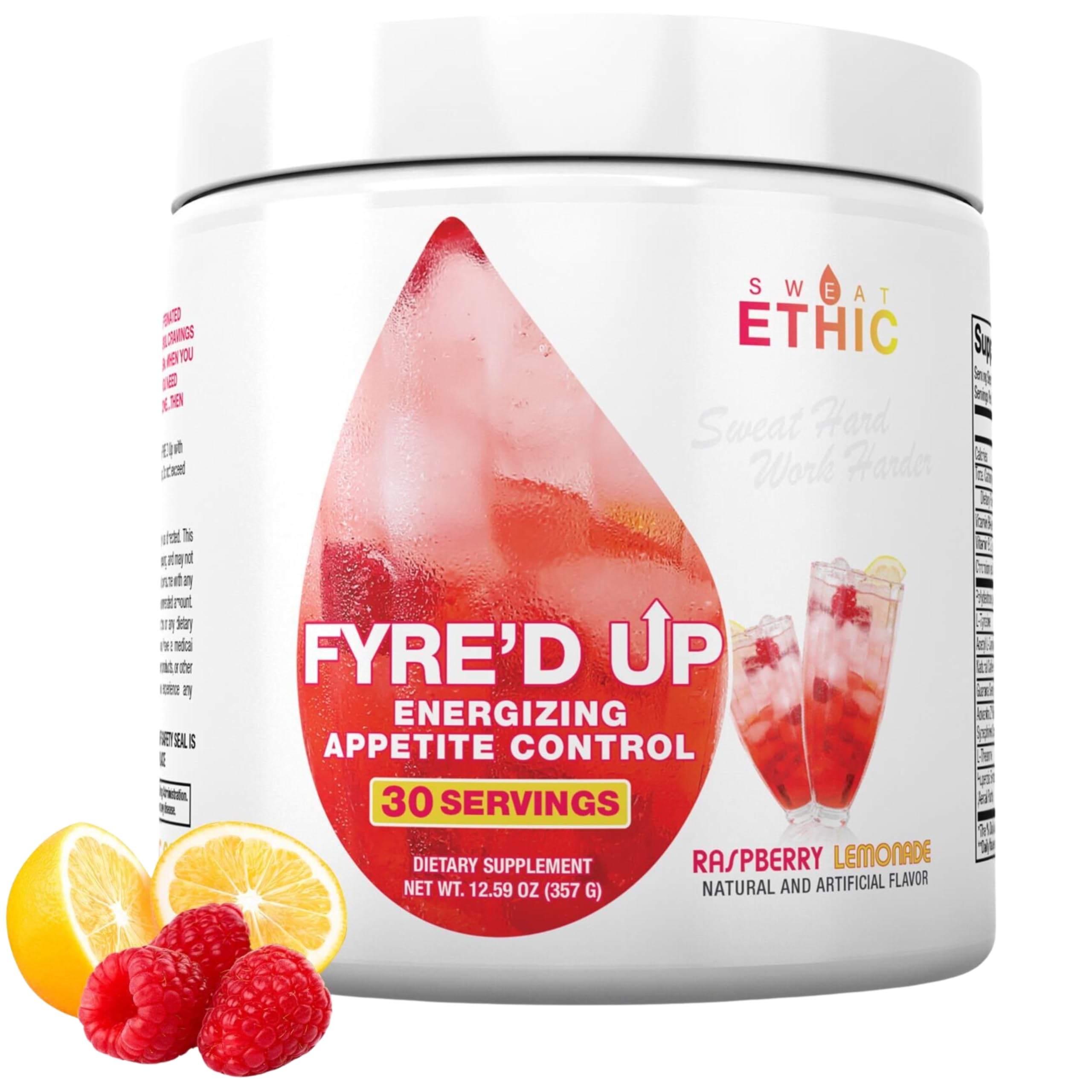 Sweat Ethic FYRE’D UP, 200MG Natural Caffeine, Supports Active Lifestyle &amp; Dietary Control, Easy-Mix Powder for Pre Workout Energy, Raspberry Lemonade Flavor, 30 Srvgs