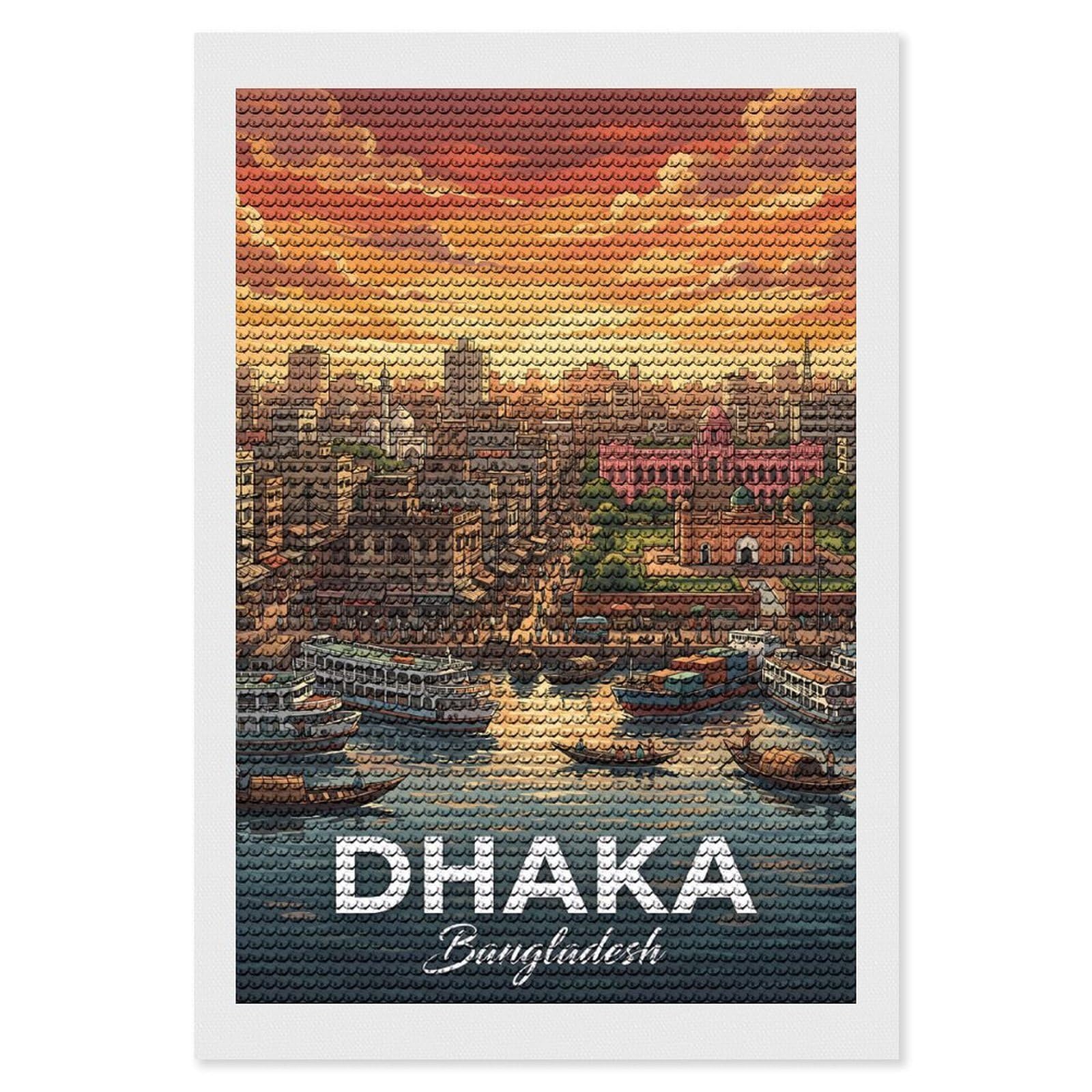 Junmoney Dhaka Bangladesh Cityscape with River Diamond Painting Set 8"x12", for Beginners, Modern Decor, Simple to Start, Gift Idea, Pleasing Wall Art Project