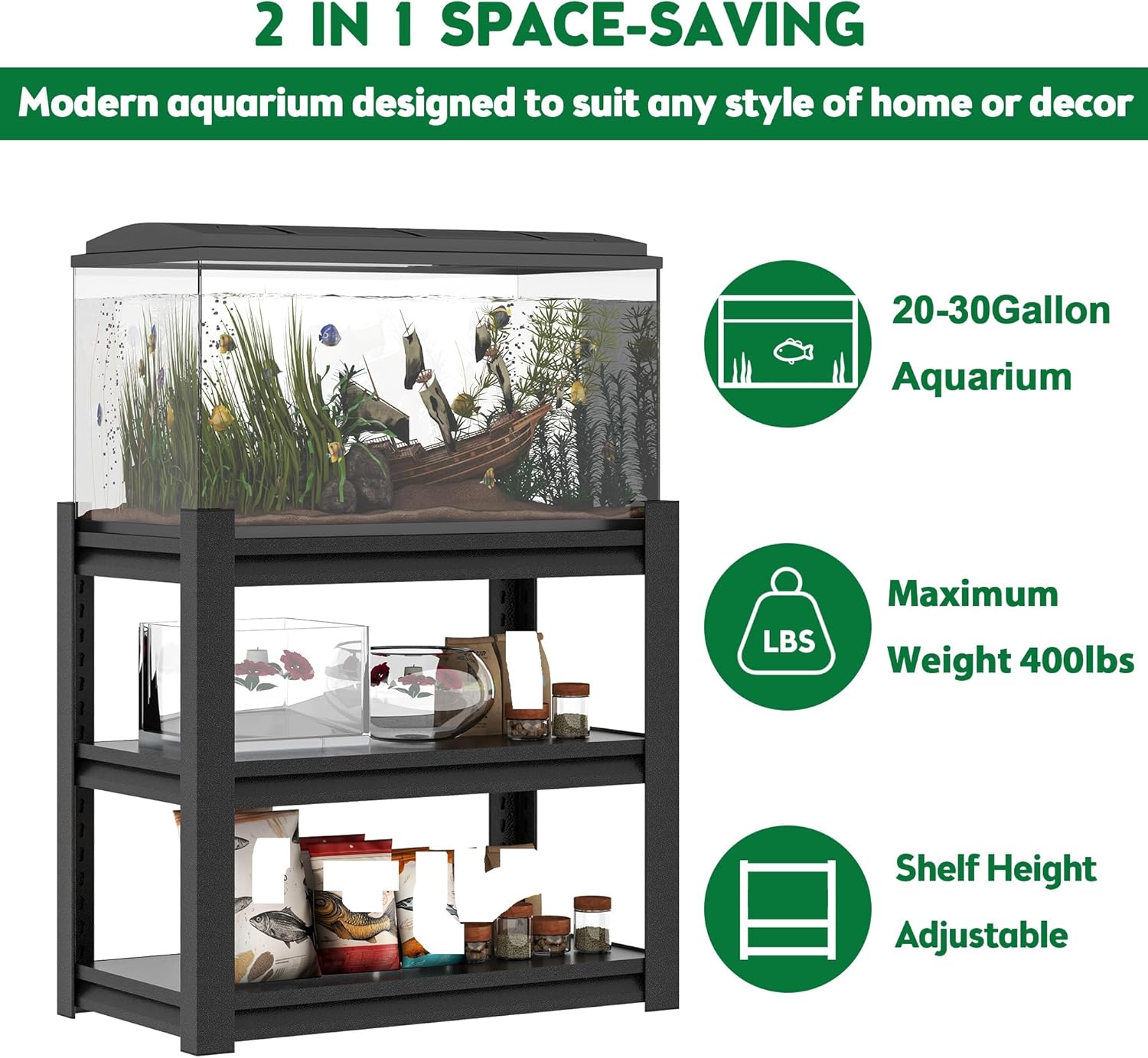34" x 18" x 31.5" Heavy-Duty Metal Fish Tank Stand – 3-Tier Adjustable Aquarium Rack, 400 Lbs Capacity, Rust-Proof & Waterproof, Includes Floor Protection Pads (Tank Not Included) (Black)