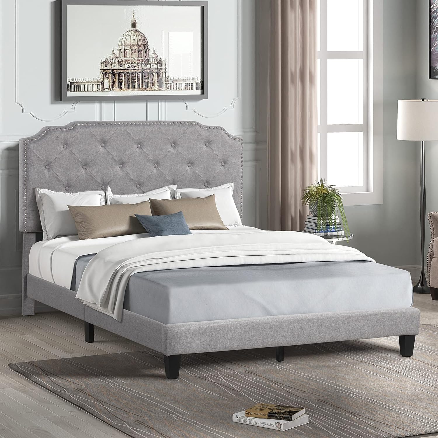 Queen Bed Frame with Headboard Tufted Buckle Decor