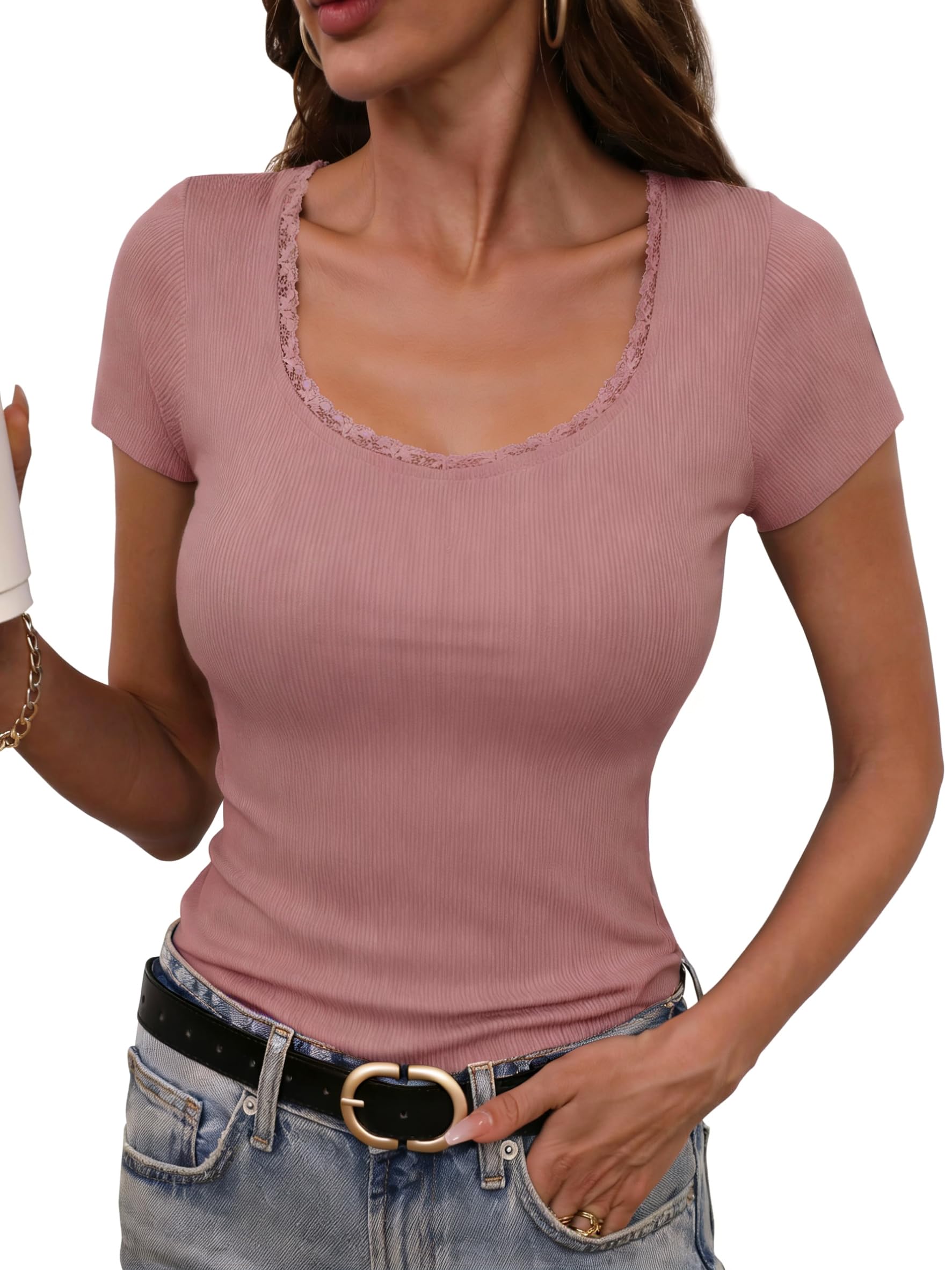 Terecey Tshirt Damen Slim Fit Tops Sommer Sexy Kurzarm Ribbed Tee S-XXL | 92 % Baumwolle, 8 % Elastan, Elegant Stretch Oberteile , gerippt mit Spitzensaum für Alltag, Büro, Urlaub und Freizeit