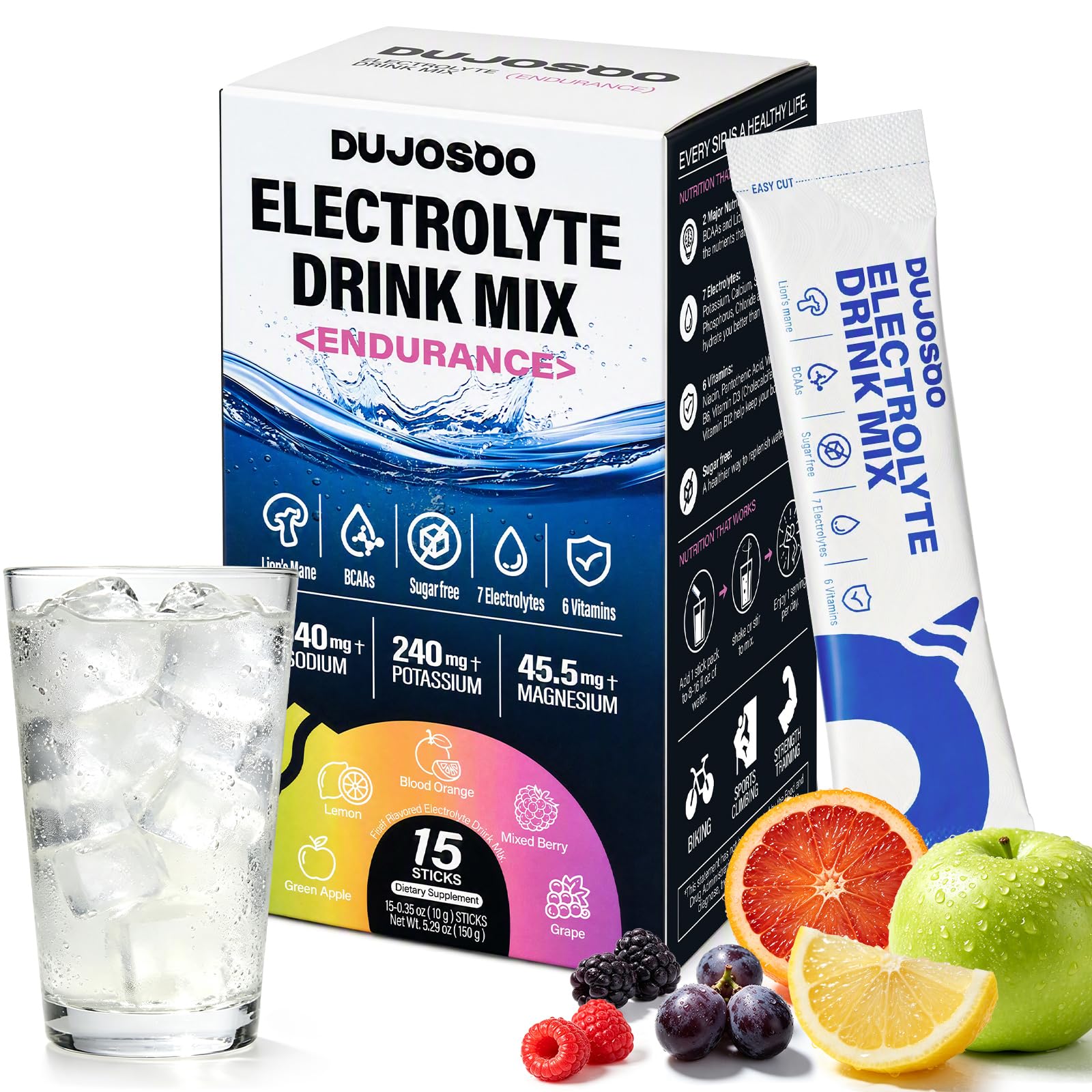 Hydration Powder Packets, 1040mg High Sodium, Drink Mix with BCAAs & Lion's Mane, 7 Electrolytes + 6 Vitamins, Sugar Free, Keto, 15 Sticks, 5.29 oz (150 g)
