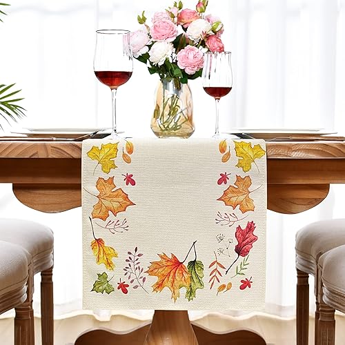 Miniatura 2 de EEIVS Camino de mesa de hojas de arce otoñal, camino de mesa rústico, camino rectangular beige con hojas de otoño de acuarela para el día de Acción