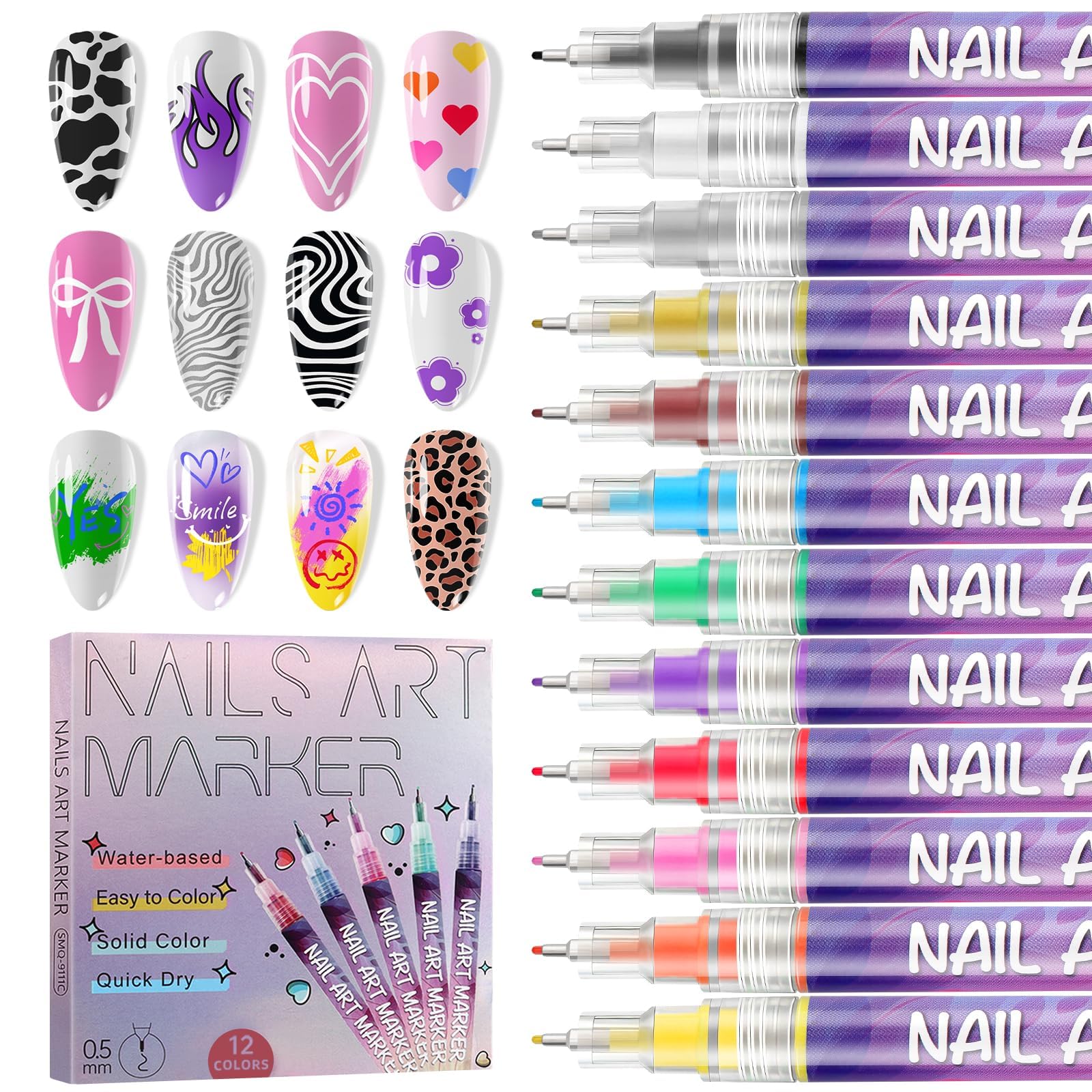 EBANKU 12PCS Penne Per Nail Art Punta, 3D Nail Art Pen, 0.5mm Penna per Fai Da te Graffiti Pen Manicure Strumenti Bellezza Adorna Regalo Per Halloween Natale