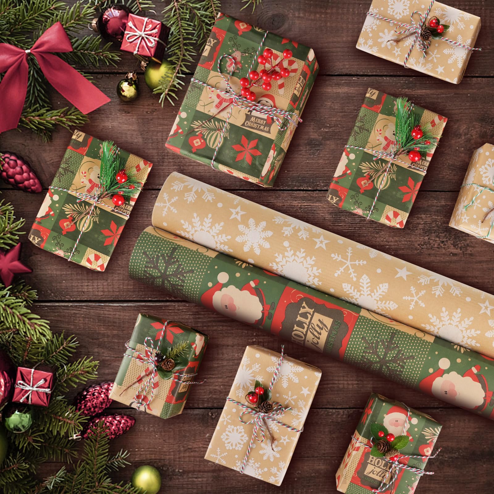 1 rotolo di carta kraft natalizia da 17x590 pollici Carta da regalo kraft rossa per Natale natalizio, confezione regalo con fiocco di neve, cappelli natalizi