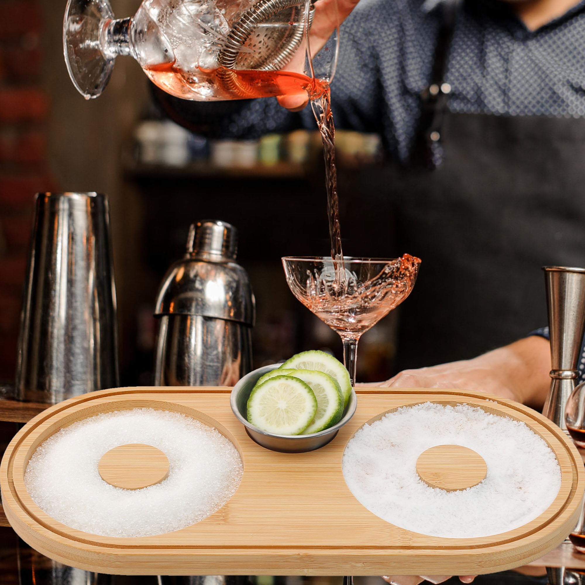 Bamboo Margarita Salt Rimmer Set, Salt Rimmer for Cocktails with Bowl & Coaster, YITOBA Glass Rimmers for Drinks, Bar Salt and Sugar Rimmer, Bartender Accessories for Home Bar (3 IN 1)