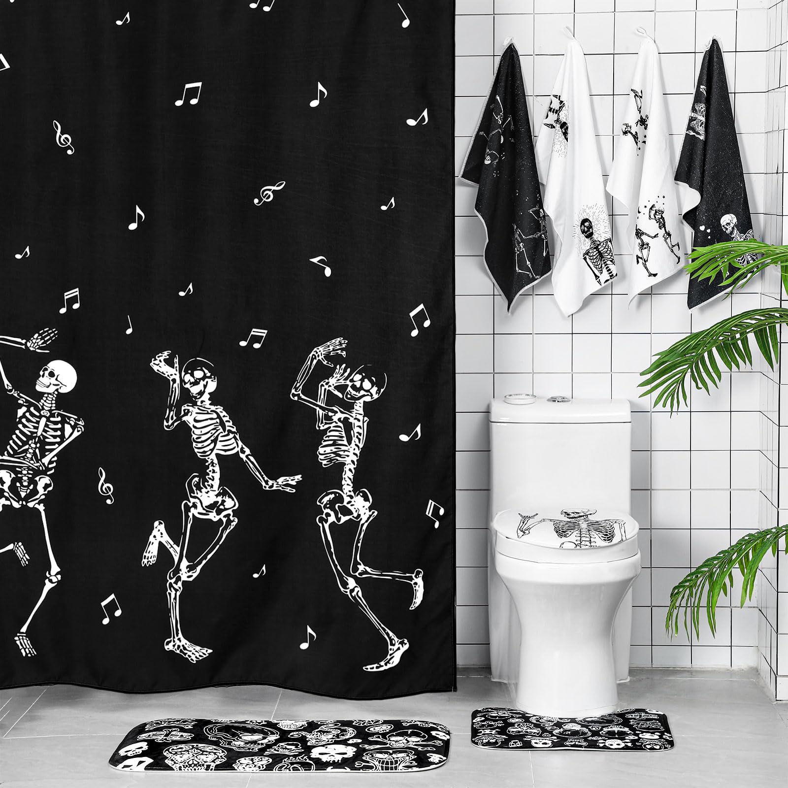 Honoson 8 Pcs Skeleton Shower Curtain Set with Rugs and Kitchen Towels Skeleton Farmhouse Shower Curtain Bathroom Set for Farmhouse Country Summer