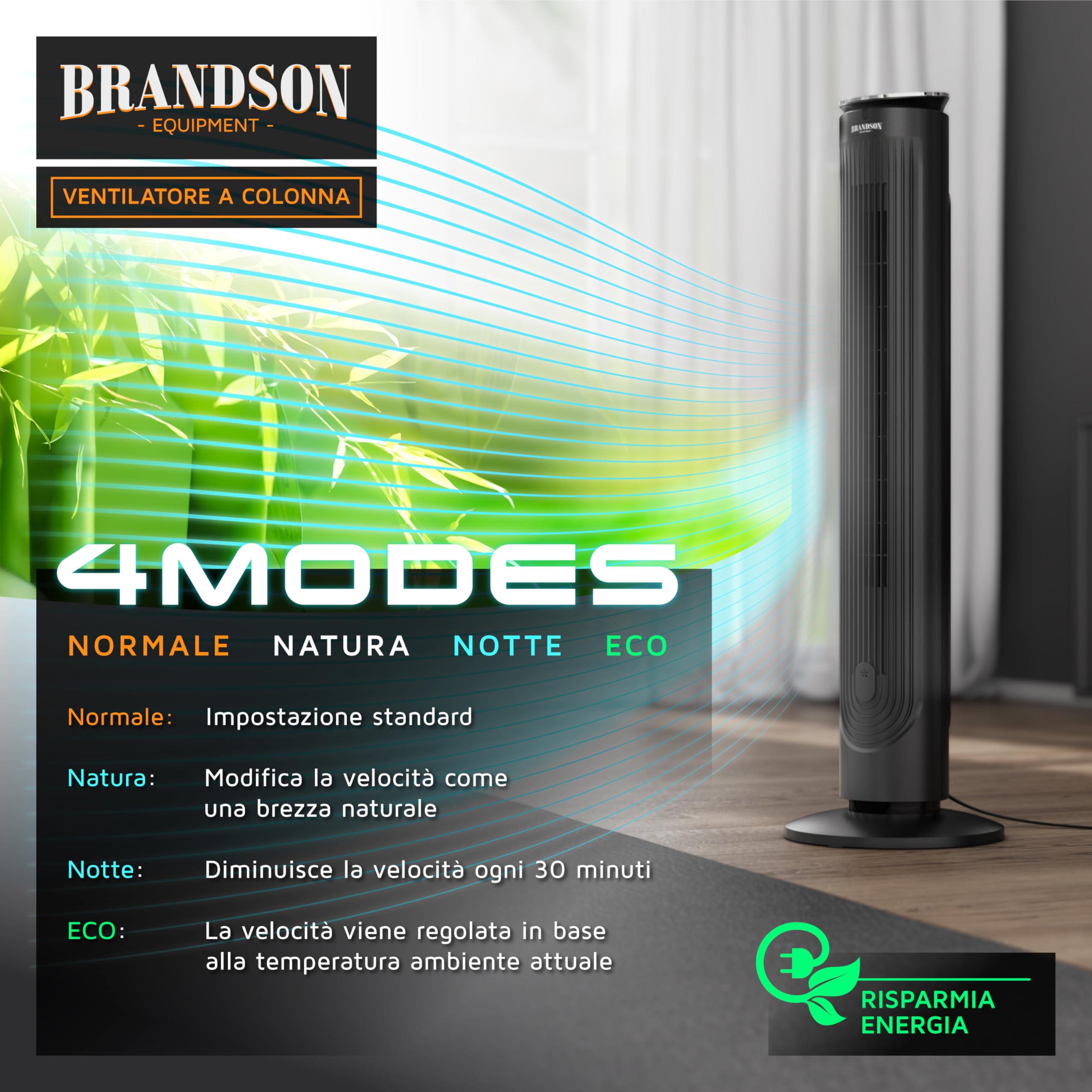 Brandson - Ventilatore a torre con telecomando - vano aroma - molto silenzioso - oscillazione - timer - 4 modalità - 5 livelli di velocità - indicatore LED - nero